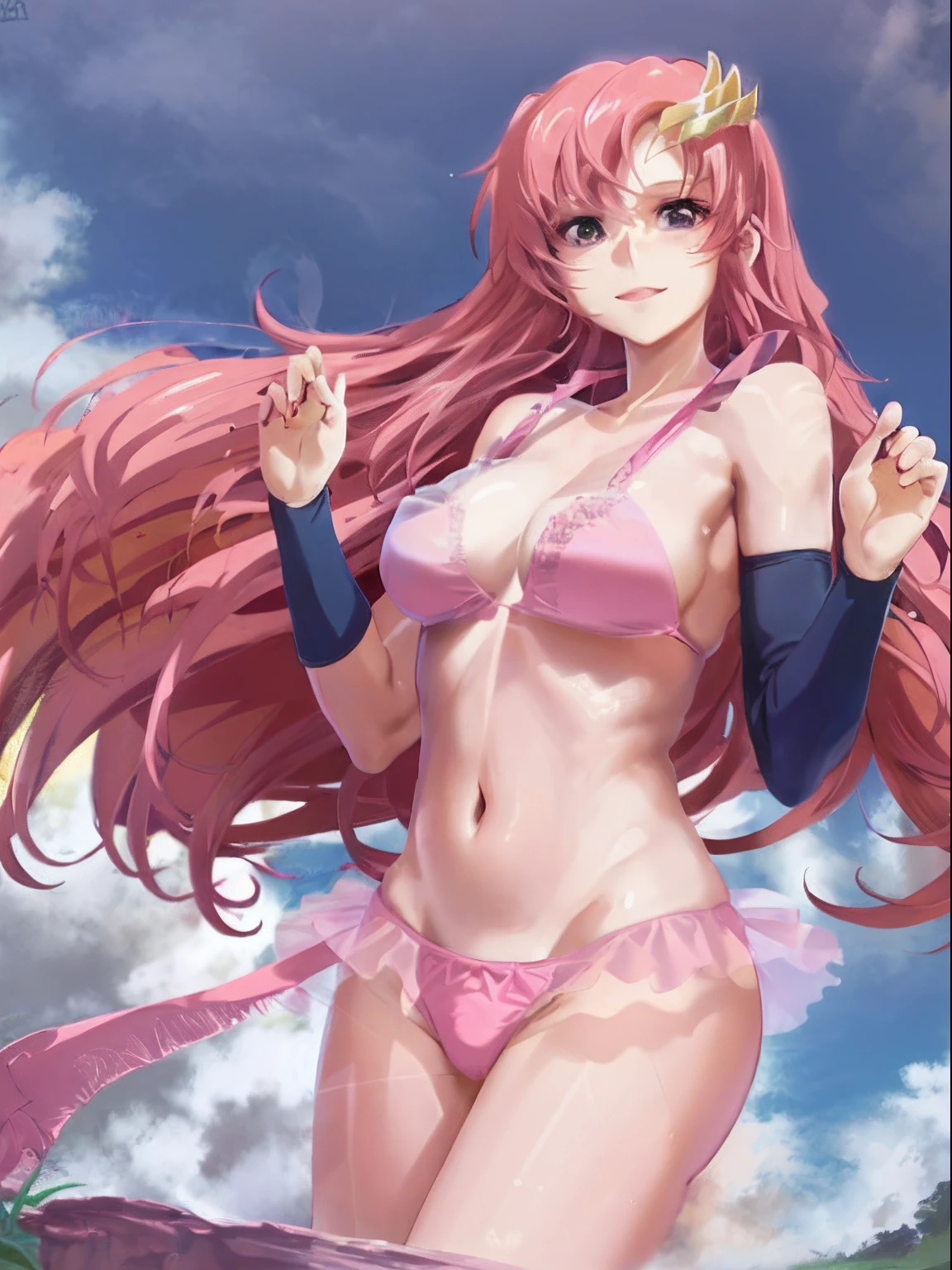 (masterpiece, 4K, Best Quality, Anime style: 1.9, bold drawing lines, High color saturation, Detailed face, tall, Adult Woman, lovely, (cloud background), Drawing lines, high resolution, Anime, lacus4), 1girl in, Solo, curvy figure, Long hair, 鎖骨, scapular, Wavy Hair, Detailed wide hair bangs, Hair Ornament, Detailed reddish-pink hair, cleavage, large hands, Big blue eyes, Smile, closed mouth, very slim belly, Very happy, closed fists, (laughing, open mouth), ((medium breasts)), (pink strapless bikini top,, pink bikini thong), elbow pads, strong arms, biceps, rib lines, long belly, lip stick, (lean forward)
