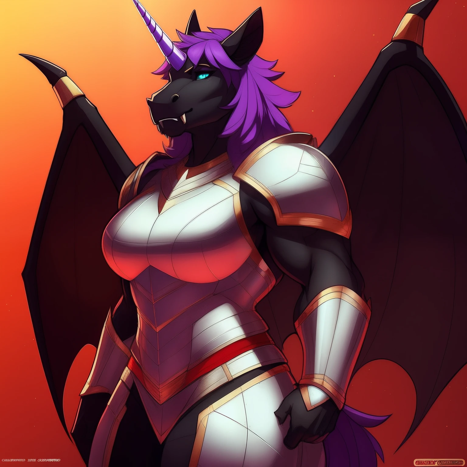 muscular_mature_horse female faded_dark_purple_mane ethereal_mane black_furry_body teal_eyes cat_eyes solo Masterpiece best_quality absurdres highly_detailed cleanly_drawn_eyes heavy_plate_armor fangs bat_wings helmet purple_eyeshadow starry_mane long_black_unicorn_horn horse_snout anthro_only seductive_gaze sultry by_claweddrip by_greasymojo by_underscore-b