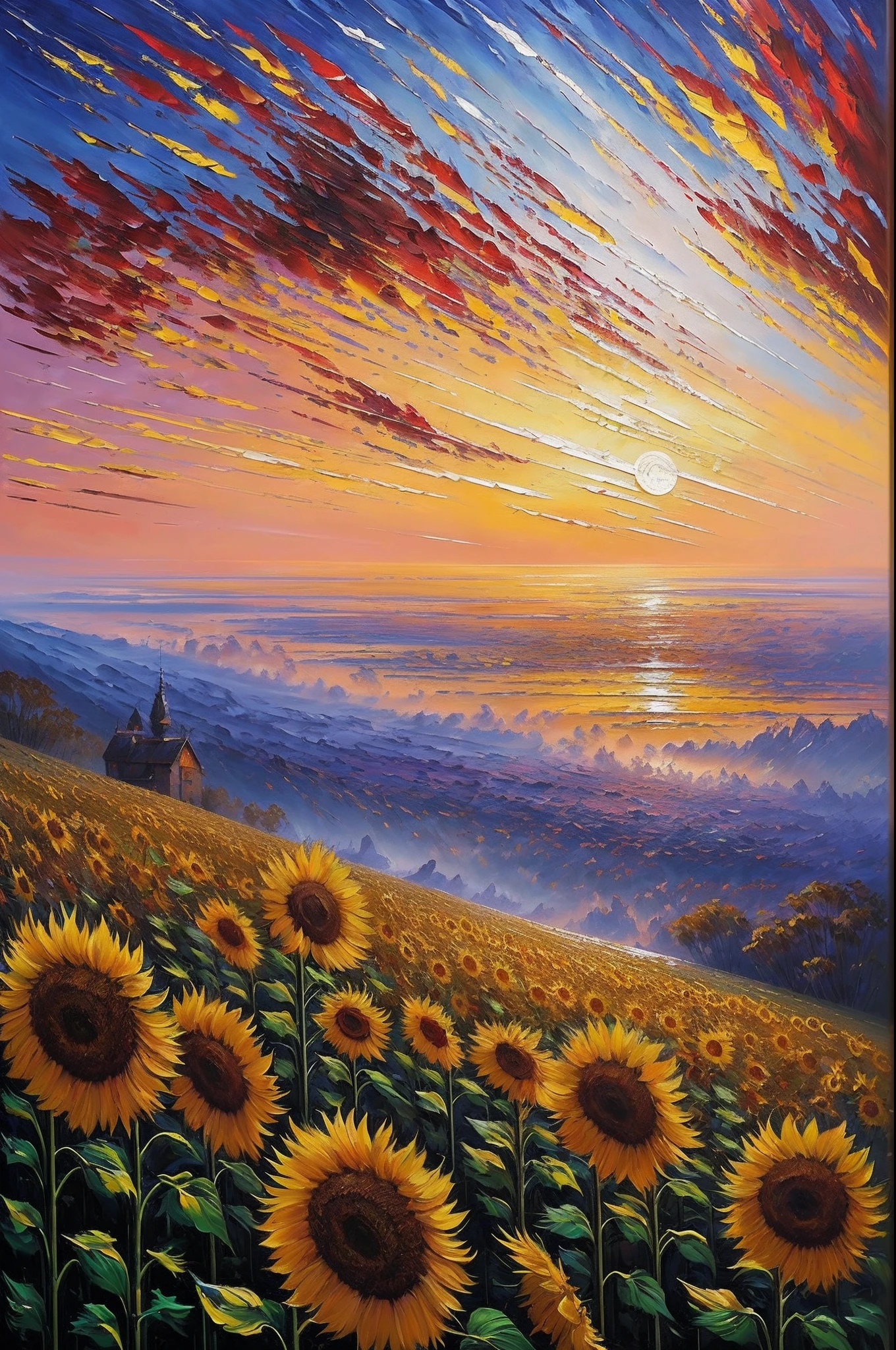 ((beste-Qualit)), ((tmasterpiece)), ((Realistic)), sunflowers crimson sky, Mysterious space, (Palette knife-oil painting), extreme hight detail, Иллюстрация Bruce-Pennington —ar 2:3 —q 4 —s 750