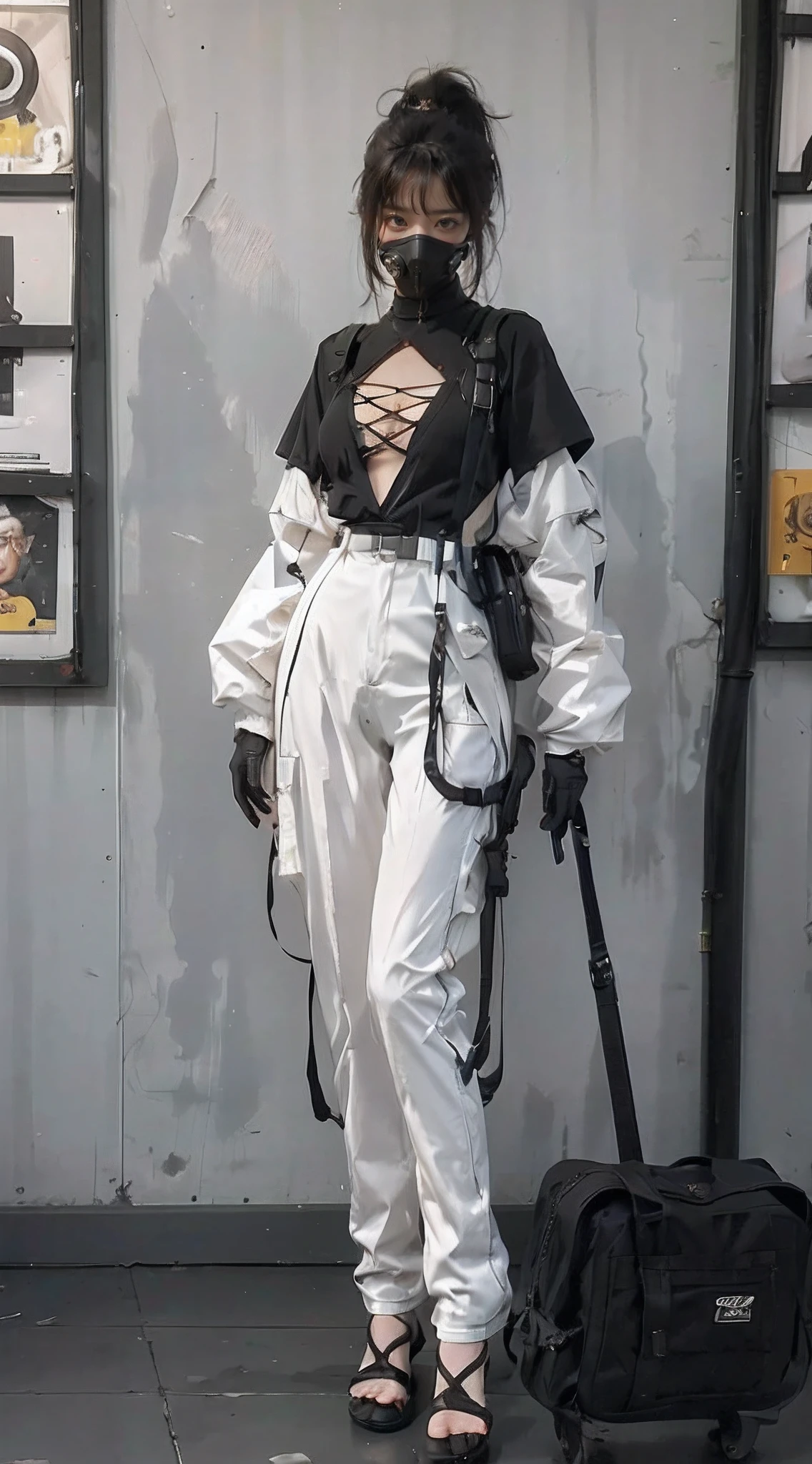 arafed woman in a black outfit and a gas mask, all black cyberpunk clothes, cyberpunk outfit, cyberpunk fashion clothes, cyberpunk style outfit, wearing techwear and armor, cyberpunk outfits, cyberpunk fashion clothing, cyberpunk clothes, dystopian scifi outfit, photograph of a techwear woman, cyberpunk streetwear, wearing cyberpunk streetwear, cyberpunk fashion, cyberpunk high fashion, style of cyberpunk, ((Best quality)), ((masterpiece)), (detailed:1.4), 3D, an image of a beautiful cyberpunk female,HDR (High Dynamic Range),Ray Tracing,NVIDIA RTX,Super-Resolution,Unreal 5,Subsurface scattering,PBR Texturing,Post-processing,Anisotropic Filtering,Depth-of-field,Maximum clarity and sharpness,Multi-layered textures,Albedo and Specular maps,Surface shading,Accurate simulation of light-material interaction,Perfect proportions,Octane Render,Two-tone lighting,Wide aperture,Low ISO,White balance,Rule of thirds,8K RAW, asian skin tone, intricate, elegant, realistic depth of field photography, perfect natural lighting (masterpiece, sidelighting, finely detailed beautiful eyes: 1.2), long hair, realistic lots of hair, realistic suit, realistic human face, realistic cyber city background, girl with robot arm, girl with body robot,