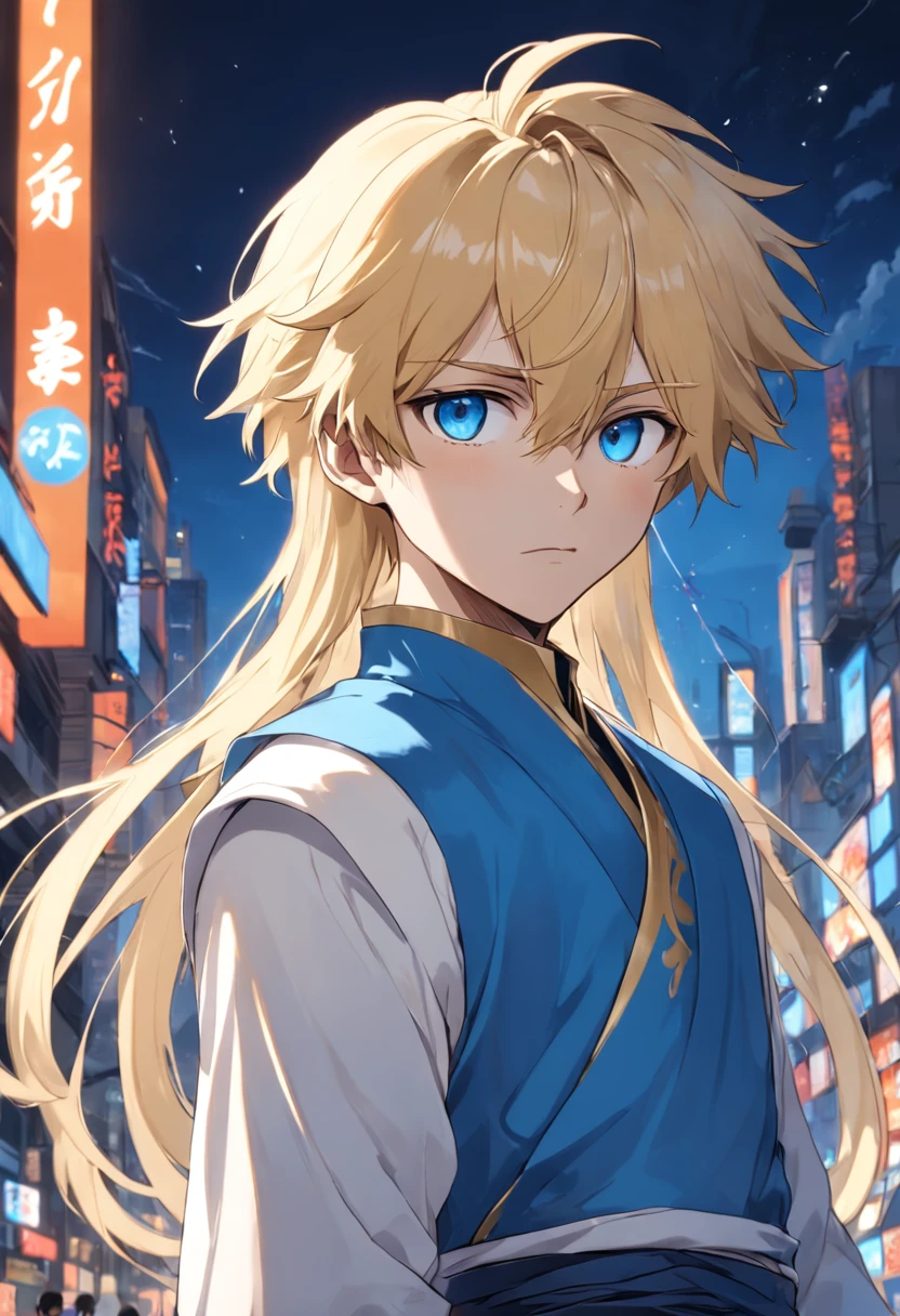 Aether (male) has blond hair, golden eyes, and fair light skin. He wears a blue and white outfit.
