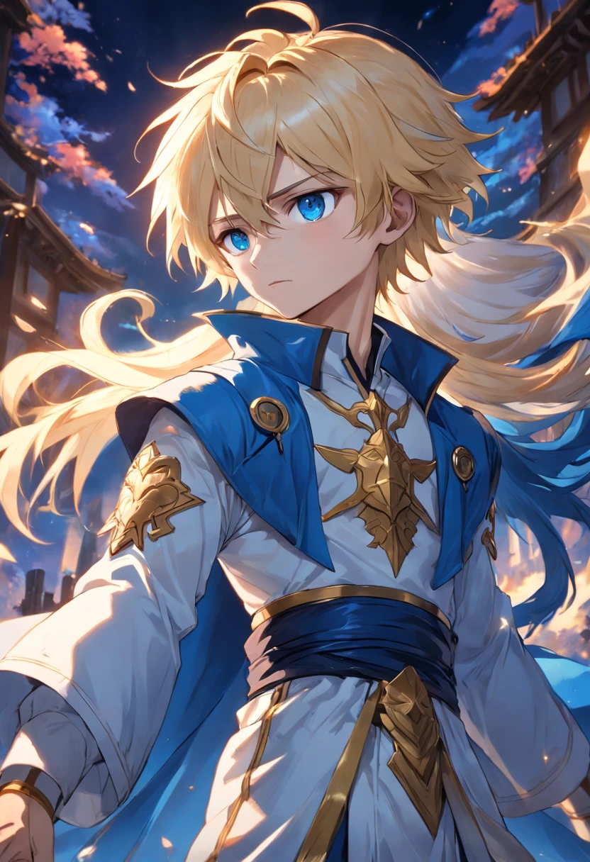 Aether (male) has blond hair, golden eyes, and fair light skin. He wears a blue and white outfit.