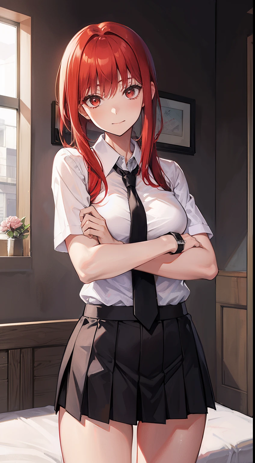 "Makima, 1 female , Red hair, scared , wearing a torn school uniform , medium breast, sexy pose, handcuffs on her hand, in the bed