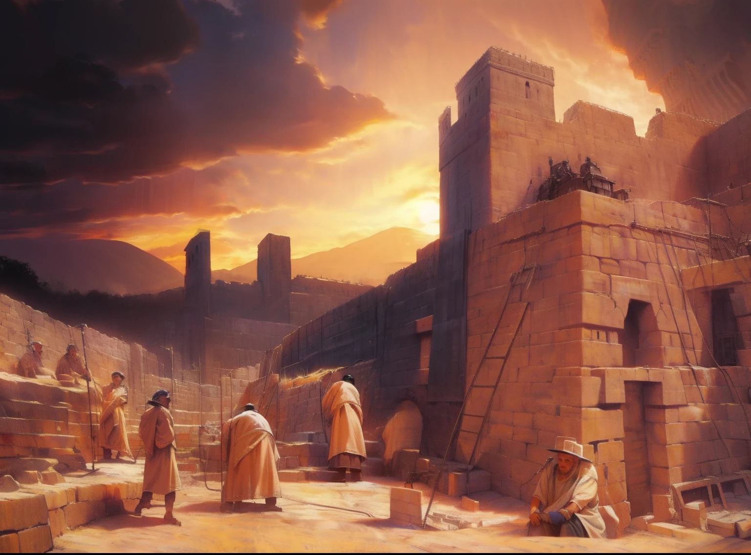 close view of men working on ancient building made of stone, stone walls under construction, sunset with dark clouds,