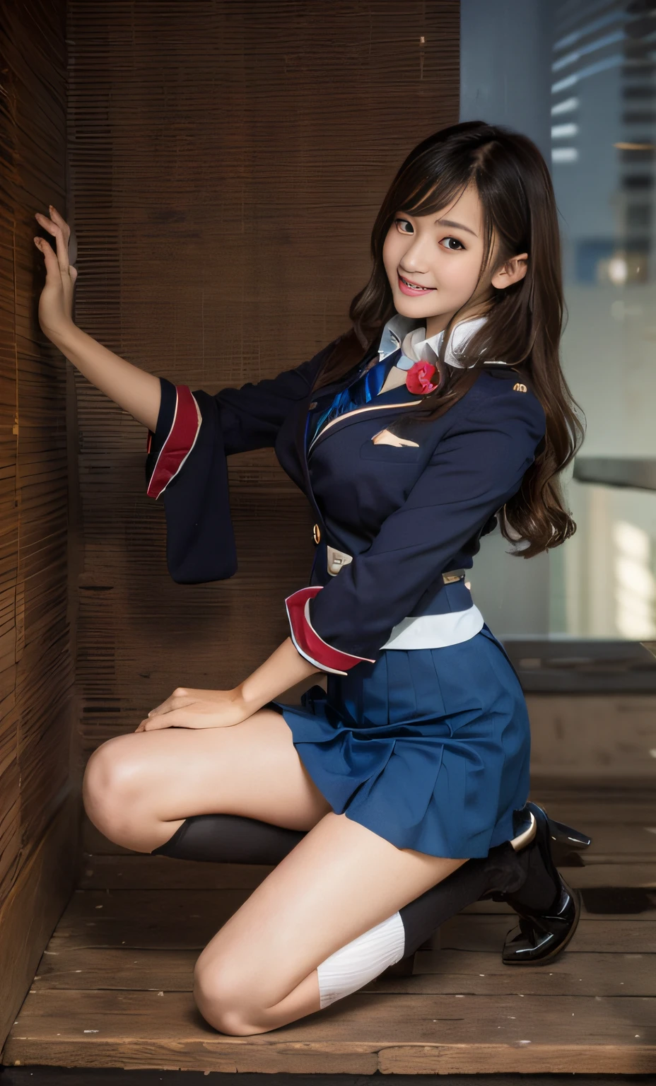 High school girl, close-up of one woman, 35mm masterpiece, vivid details, super detail, realistic skin texture, live action, super high quality, navy blue blazer school uniform, navy blue pleated mini skirt, gray high socks, high socks, no shoes, knee little boy with high socks, smile, beautiful face, beautiful Japan woman, 17 years old, idol class cuteness, full body shot, beautiful thighs, beautiful legs, beautiful schoolgirl, Extremely cute, kneeling, squatting, kneeling, one knee up, one knee standing squatting, looking from above, room, entrance, inner thighs, seminar long hair, wavy hair, daytime, knee, healthy inner thighs, bare legs between knee boys and skirts, socks from below the knees, narrow entrance of apartments, natural light, chin up, neck scruff, brown hair, very cute high school girl in a private room