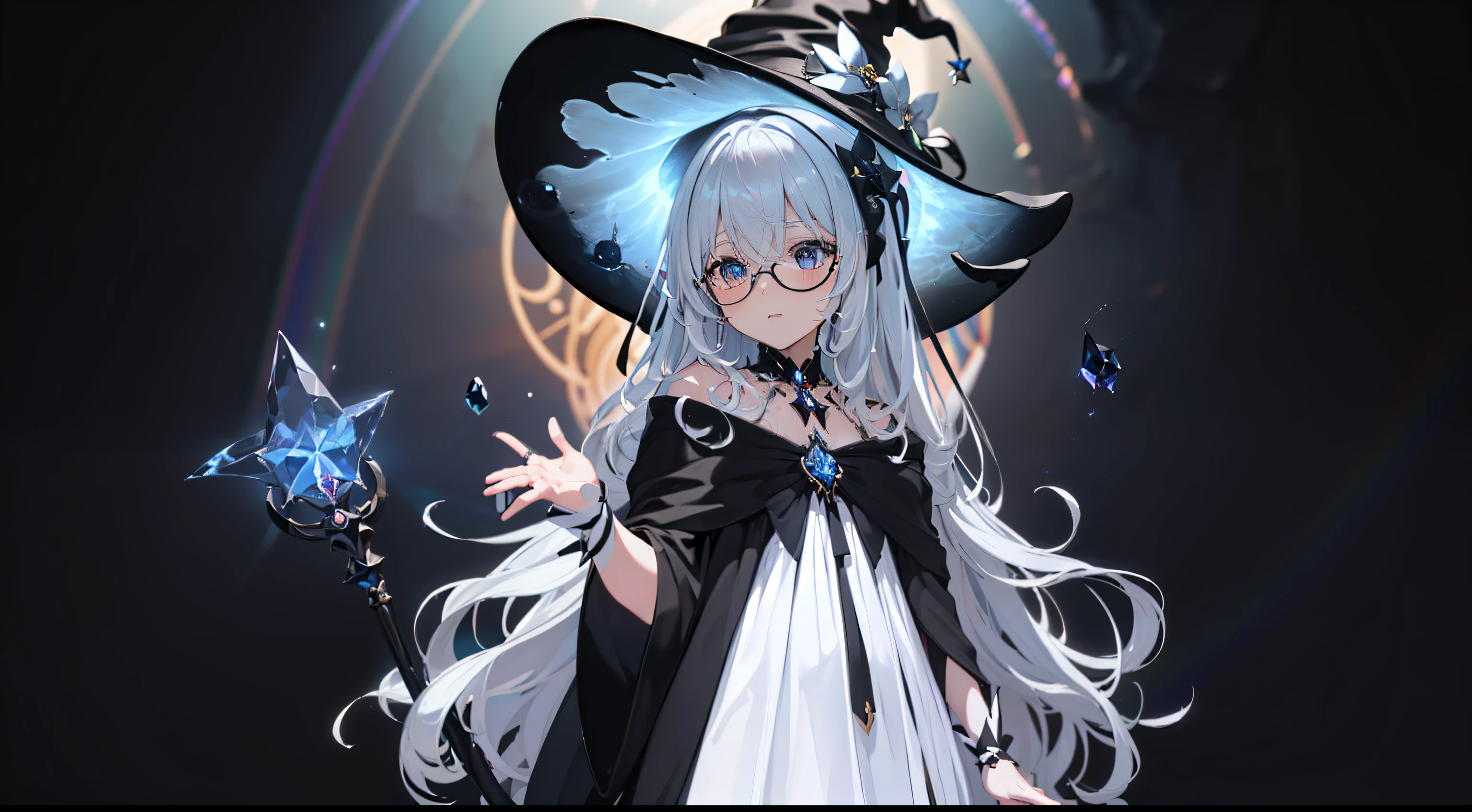 ((Best quality)), ((Masterpiece)), ((Ultra-detailed)), (illustration), (Detailed light), (An extremely delicate and beautiful),Dramatic perspective,A charming young girl,sorceress woman,Cute face,magestic,(Sexy figure),Black magic robe,Short black shawl,Big black witch hat,white dresses,Glasses,((Wave your big wand to cast spells)),((Rainbow magic)),rainbowing,(colorful)