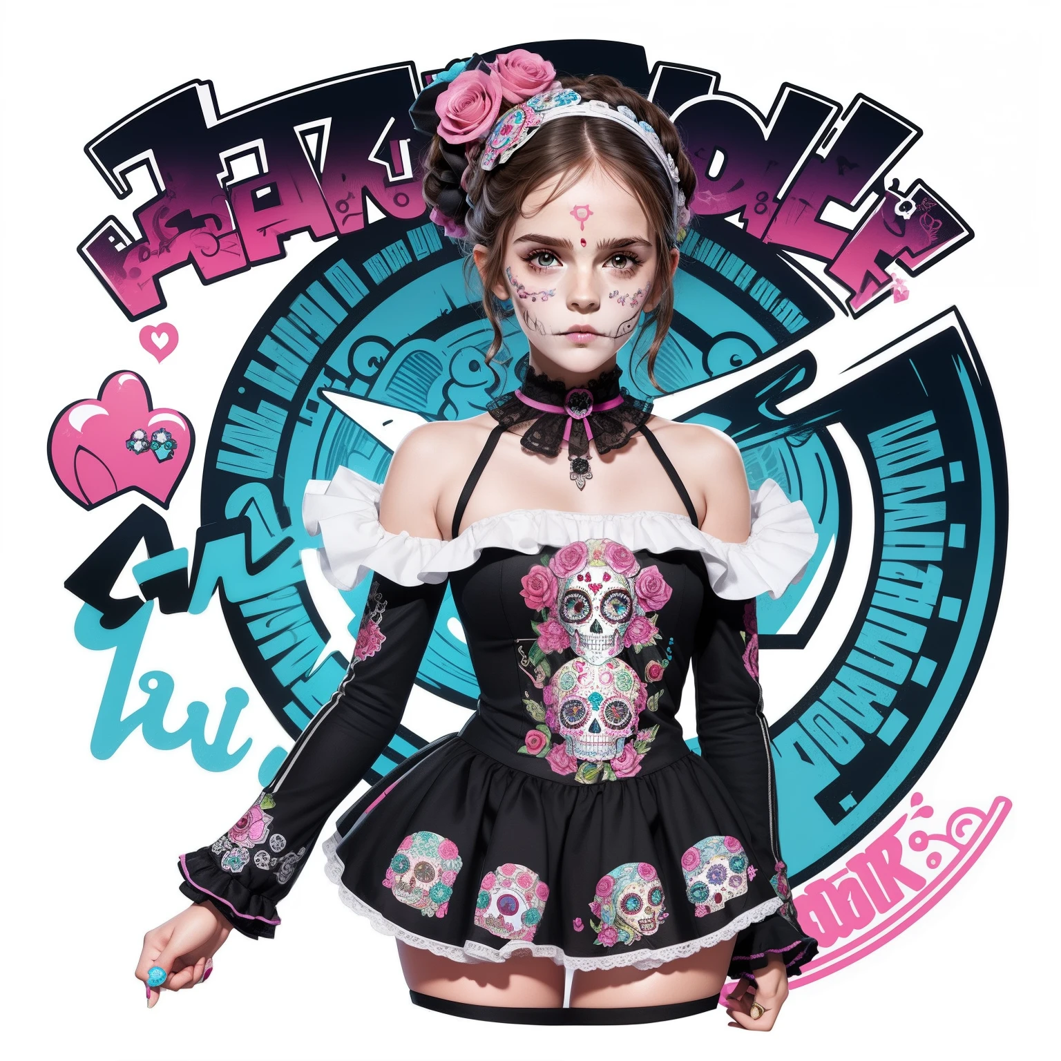 Sticker of A sugar skull girl figure, illustration kawaii sugar skull girl ,full body image, sticker with border, clean white background, professional vector, high detail, graffiti, vibrant. Emma watson