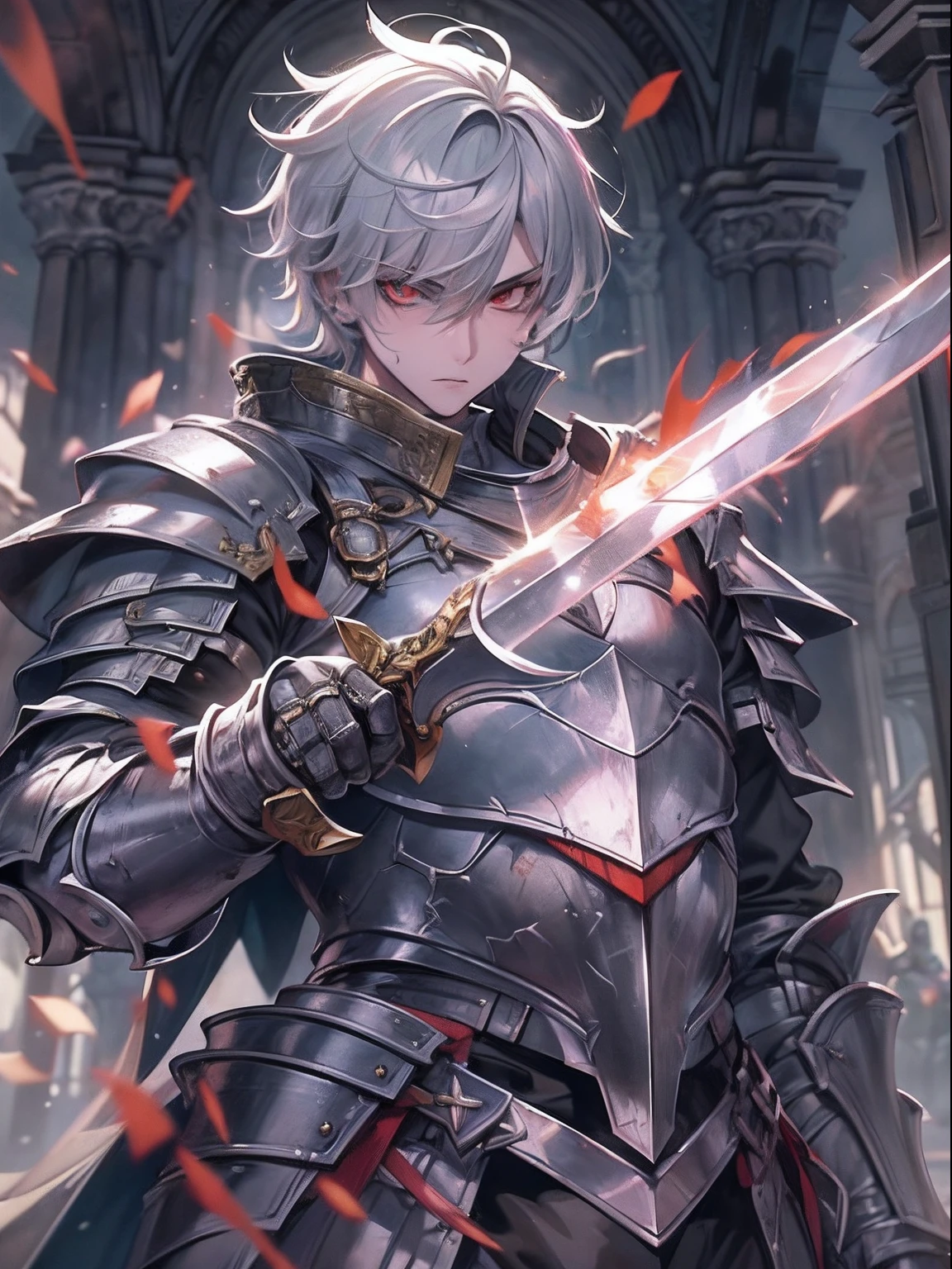 (a ager male knight in cracked sliver armor), handsome, ((he raise a sword stained with dark element)), a giant gate of castle behind him, light from the sky, lots of swords point at the knight, red eyes, silver hair, black hair, gradient hair, chiaroscuro, cinematic lighting, god rays, ray tracing, reflection light, ((close-up)), masterpiece, best quality, high quality, high details, highest, accurate, anatomically correct, textured skin, UHD, 1080P, ((anime))