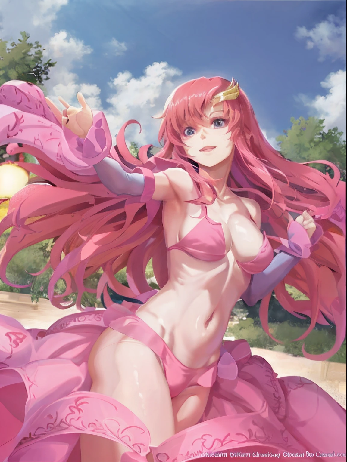 (masterpiece, 4K, Best Quality, Anime style: 1.9, bold drawing lines, High color saturation, Detailed face, tall, Adult Woman, lovely, (cloud background), Drawing lines, high resolution, Anime, lacus4), 1girl in, Solo, curvy figure, Long hair, 鎖骨, scapular, Wavy Hair, Detailed wide hair bangs, Hair Ornament, Detailed reddish-pink hair, cleavage, large hands, Big blue eyes, Smile, closed mouth, very slim belly, Very happy, closed fists, (laughing, open mouth), ((medium breasts)), (pink strapless bikini top,, pink bikini thong), elbow pads, strong arms, biceps, rib lines, long belly, lip stick, (lean forward), armpit