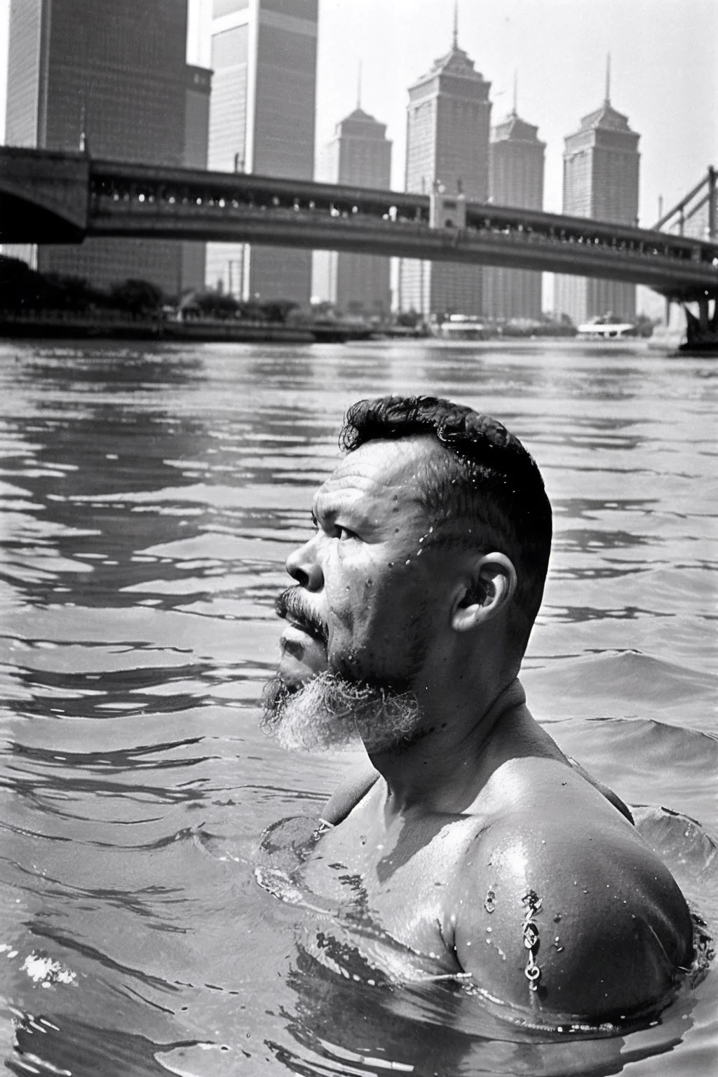 guttovendo1 swim in the Huangpu River in Shanghai in 1967，black and white photo, sense of history