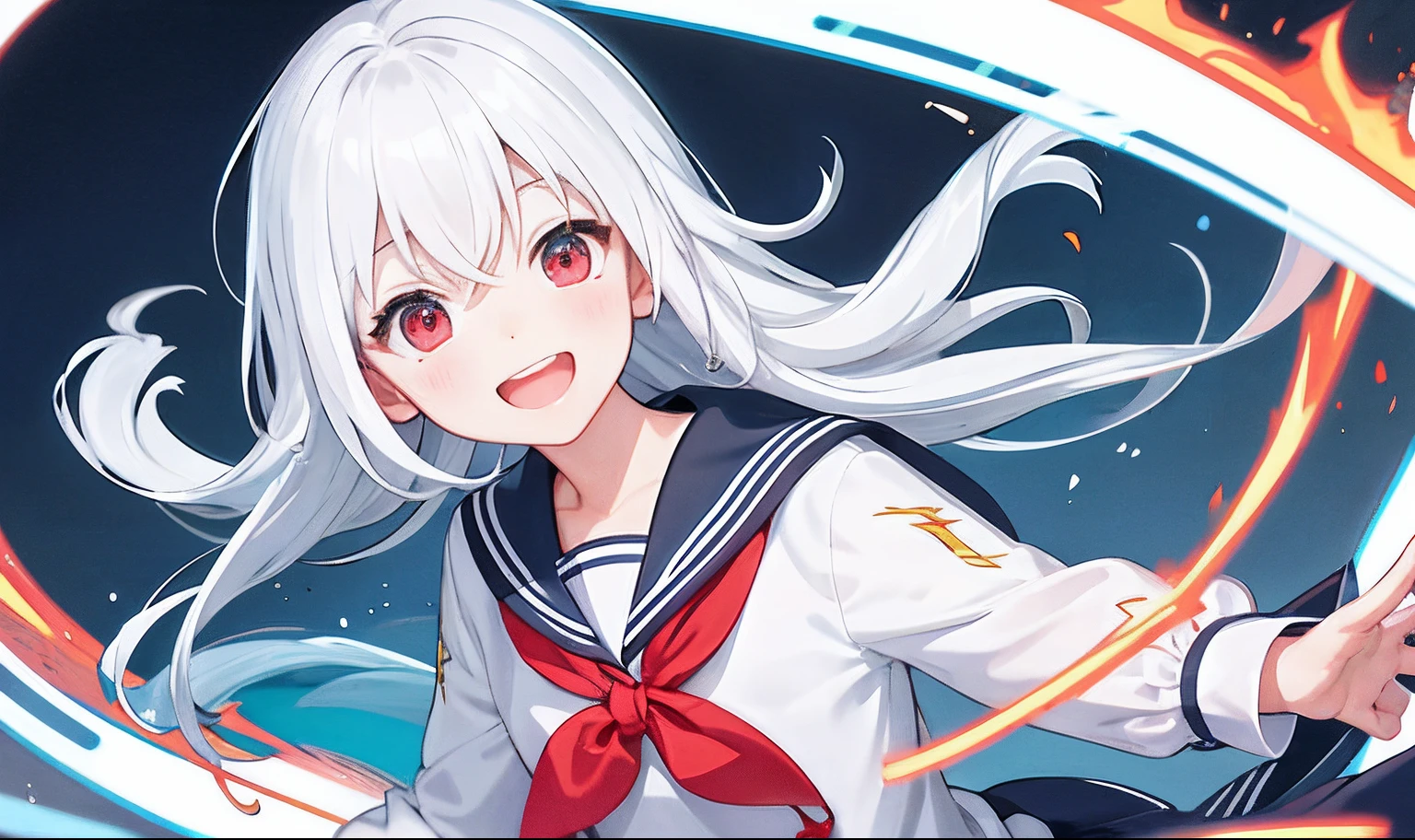 Background with、Lightning at sea、Fluttering white-haired girl、Red Eyes、Gentle face、tall、a sailor suit、Cute laughing face!