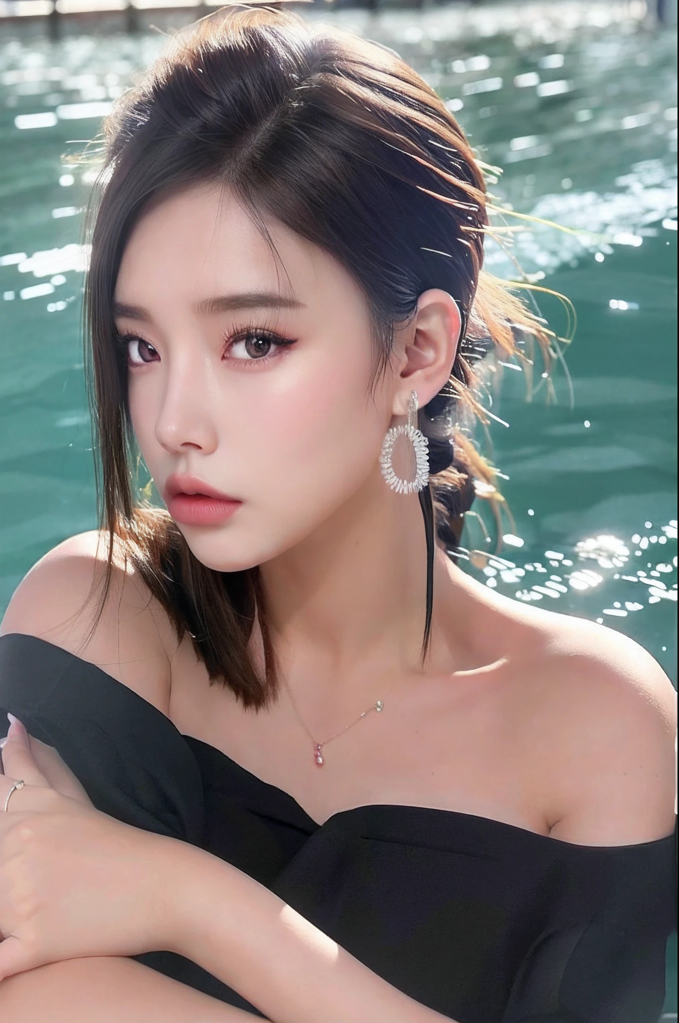 Nikon RAW photo,8 k,Fujifilm XT3,masterpiece, best quality, realistic, photorealistic,ultra detailed,Kpop idol, sit at the bottom of a pool, full body in water, solo, close up portrait, detailed facial features, lipgloss, eyelashes, small breasts, serene expression, white dress shirt, from_front, big circle earrings, jewelry, (best quality:1.4), (ultra highres:1.2), cinema light, extreme detailed illustration, depth of field, caustics, Broad lighting, natural shading, 85mm, f/1.4, ISO 200, 1/160s:0.75