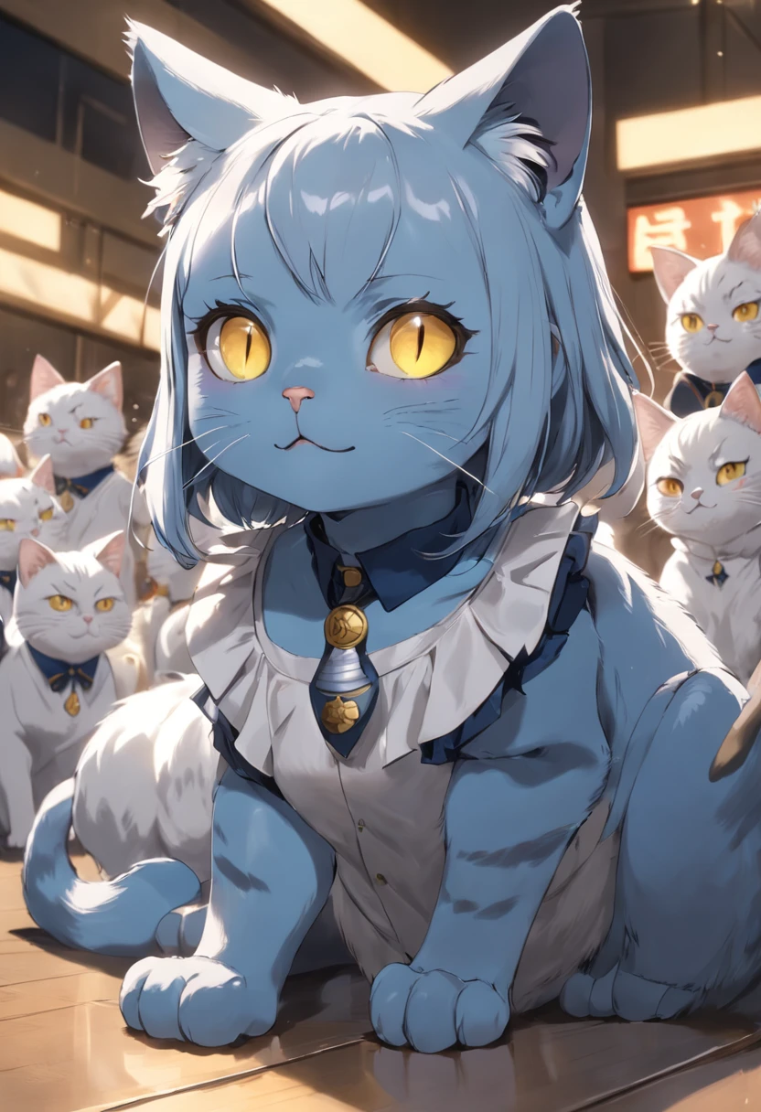humanoid cat with blue gray skin and yello eyes with clowth in blue and gray and white in classroom anwith happy face 8k, genchin impact style