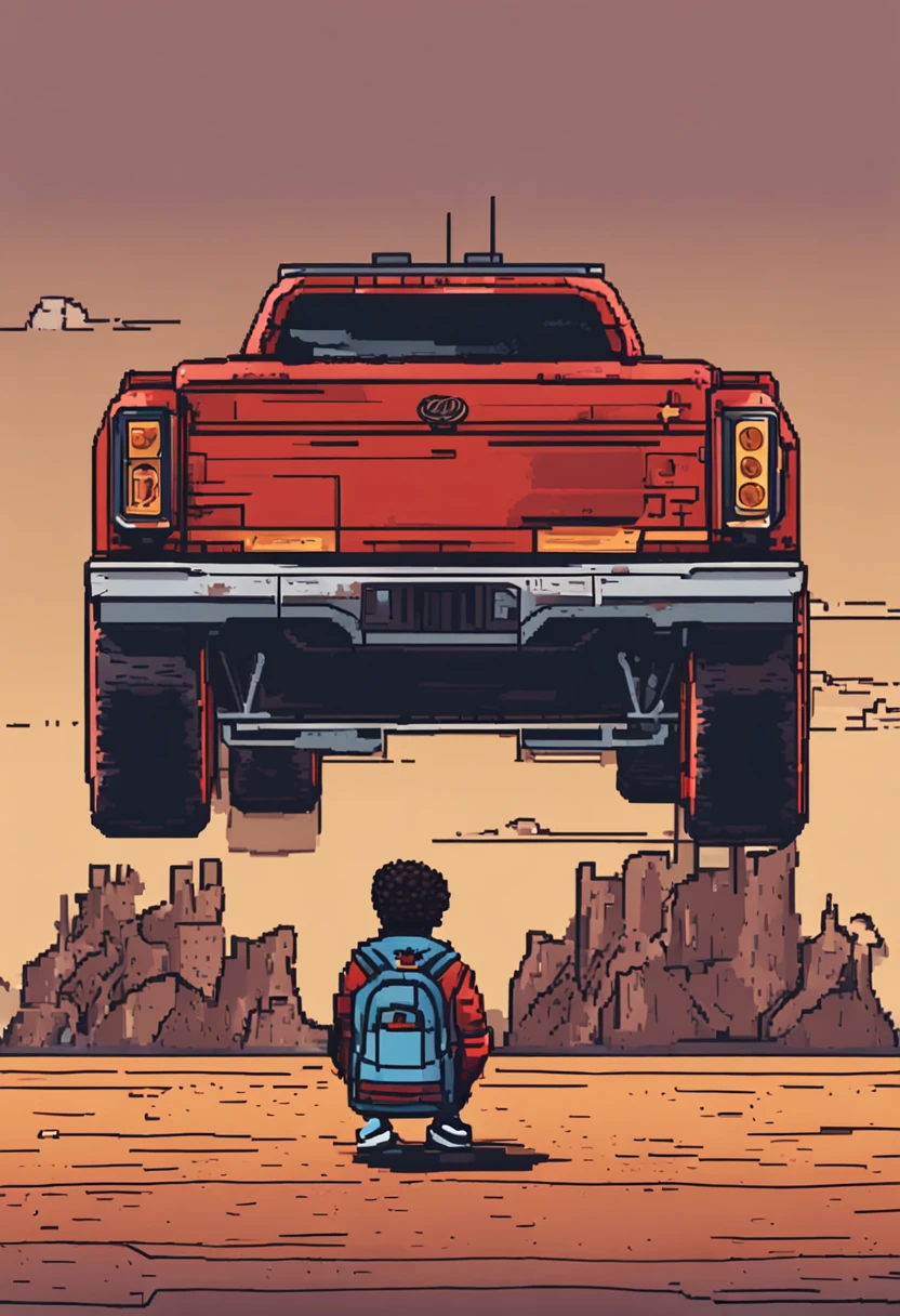 young man in his 30s, black skin, brown hair (short curly), red headband, broad nose, brown eyes, red shirt with a yellow star, blue jeans, black sneakers (masterpiece, Superior Quality, best quality), pixel , Pixel Art, 1girl, full body