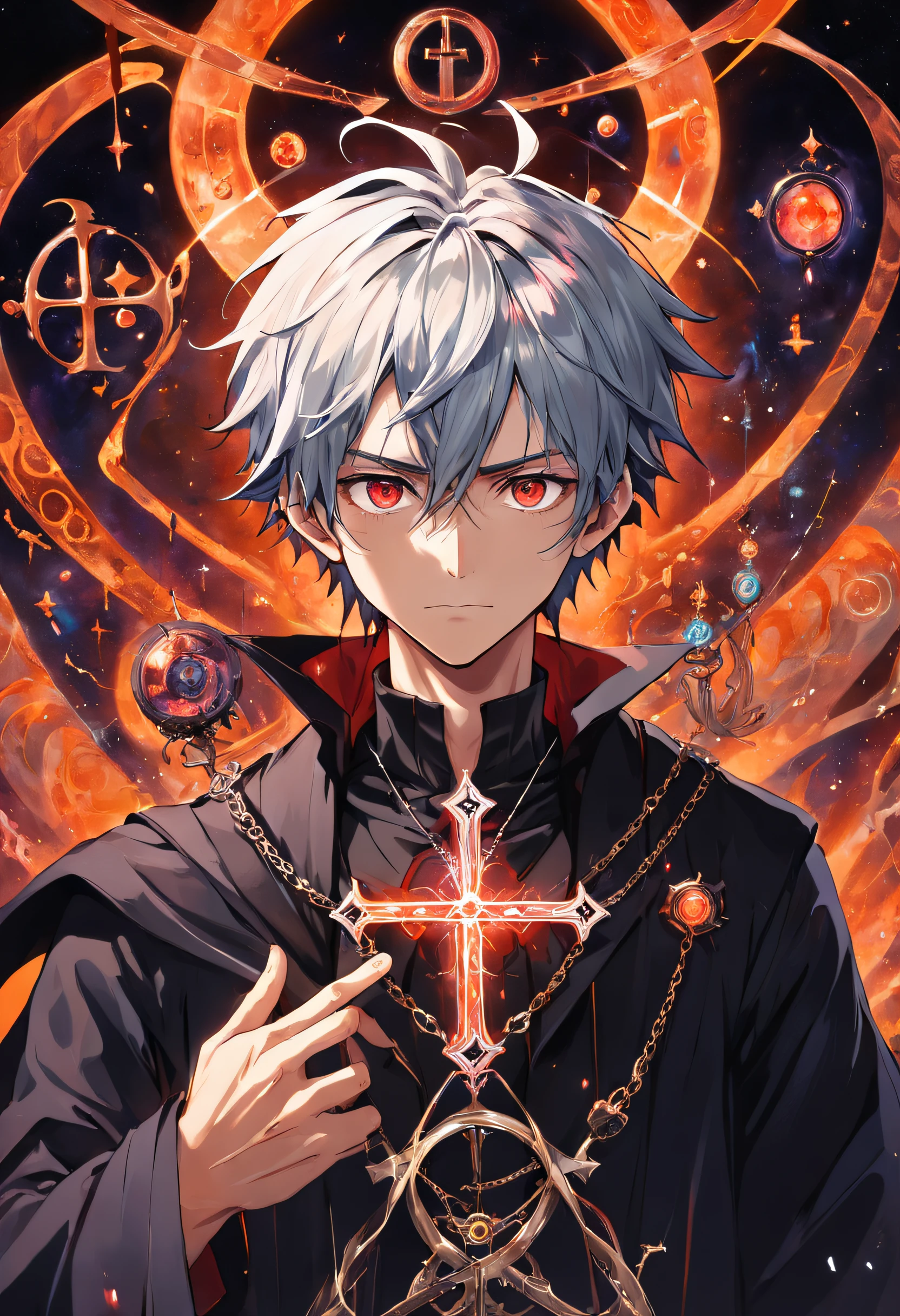 male, short_hair, Surreal Alchemist: Male character portrait of a master alchemist, with face surrounded by alchemical symbols, distortion and surreal imagery captures the character's fascination with the esoteric and unknown, dynamic angle, award winning, masterpiece, intricate, hyper maximalism, fractal art, GlowingRunes_red, cross_necklace, cross_earring, 3-colored_hair, multicolored hair, symbol-shaped cross pupils, evil smile, full_body, cross_symbol_pupils