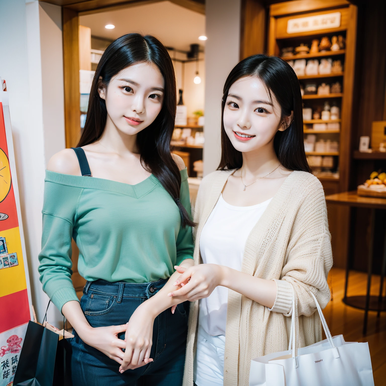 Two young Taiwanese women,Hand hook hand to shop,Talk happily,