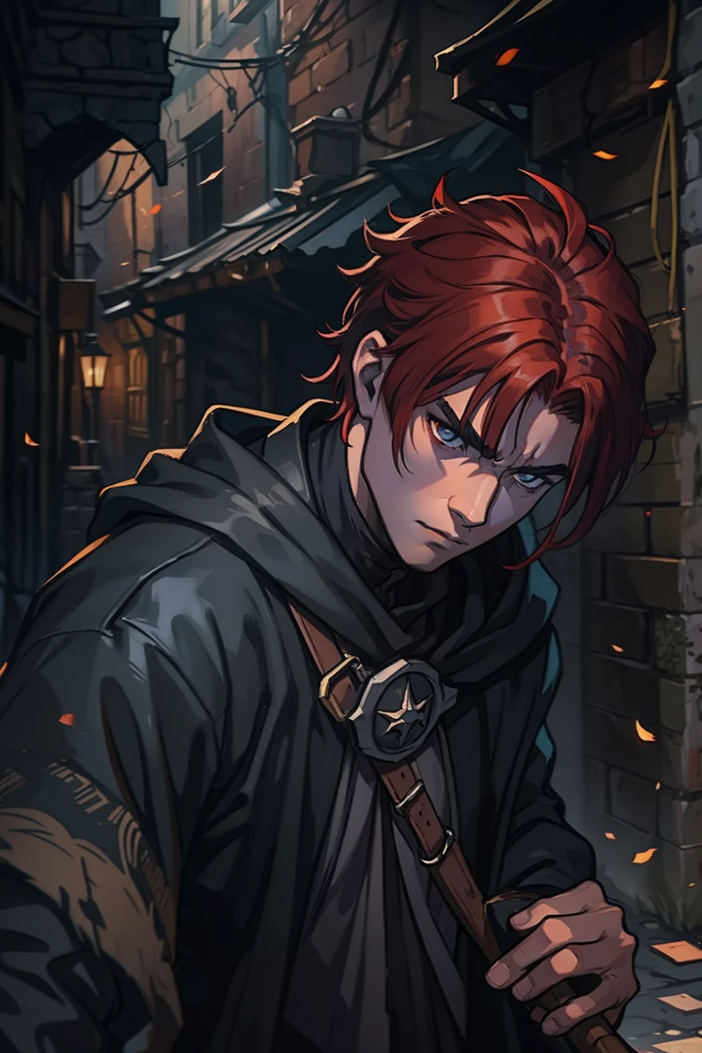 a young man with red hair emo he is a rogue and is in a black robe dark rogue clothes dark medieval costume dark in the dirty alleys of an alley of a medieval city any alley of the dark periphery with dark and gray colors he has a wise and snobbish look make a very magical and surprising image background use shadows contour light and black smoke to compose the photo he is in a dramatic pose for a medieval art rpg art rpg art art art illustration of character art