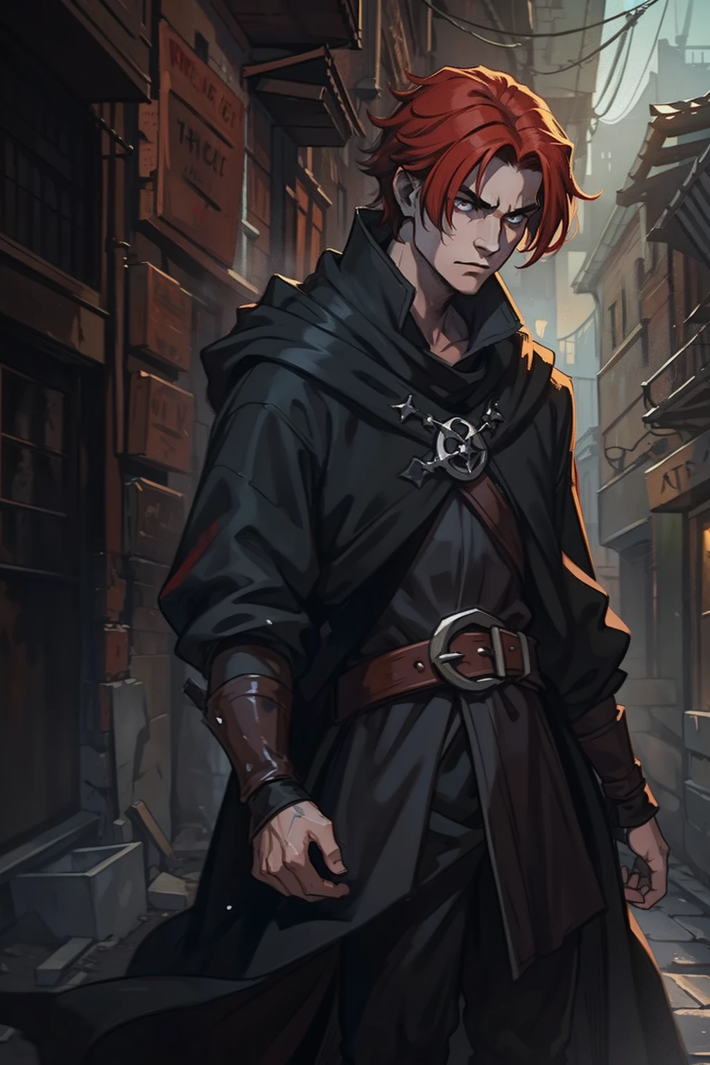 a young man with red hair emo he is a rogue and is in a black robe dark rogue clothes dark medieval costume dark in the dirty alleys of an alley of a medieval city any alley of the dark periphery with dark and gray colors he has a wise and snobbish look make a very magical and surprising image background use shadows contour light and black smoke to compose the photo he is in a dramatic pose for a medieval art rpg art rpg art art art illustration of character art