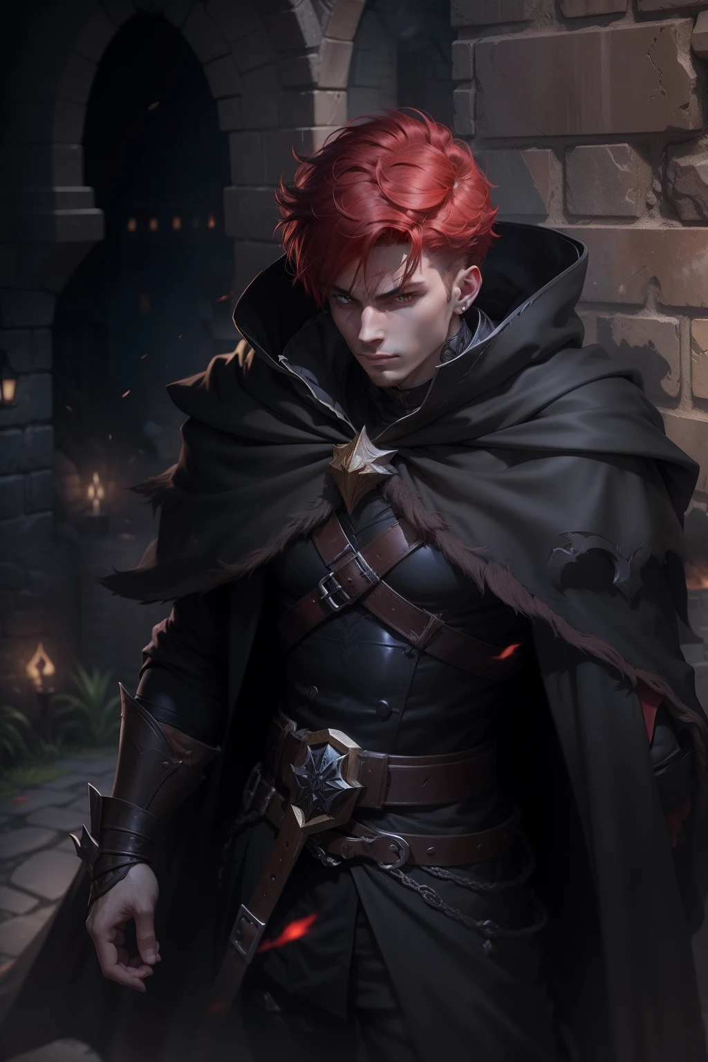 a young man with red hair emo he is a rogue and is in a black robe dark rogue clothes dark medieval costume dark in the dirty alleys of an alley of a medieval city any alley of the dark periphery with dark and gray colors he has a wise and snobbish look make a very magical and surprising image background use shadows contour light and black smoke to compose the photo he is in a dramatic pose for a League of Legends style RPG Art of a pet rpg in a medieval art Medieval art illustration in an art cartoon style arcane style league of legends art cartoon illustration 8k hd cinematic lights