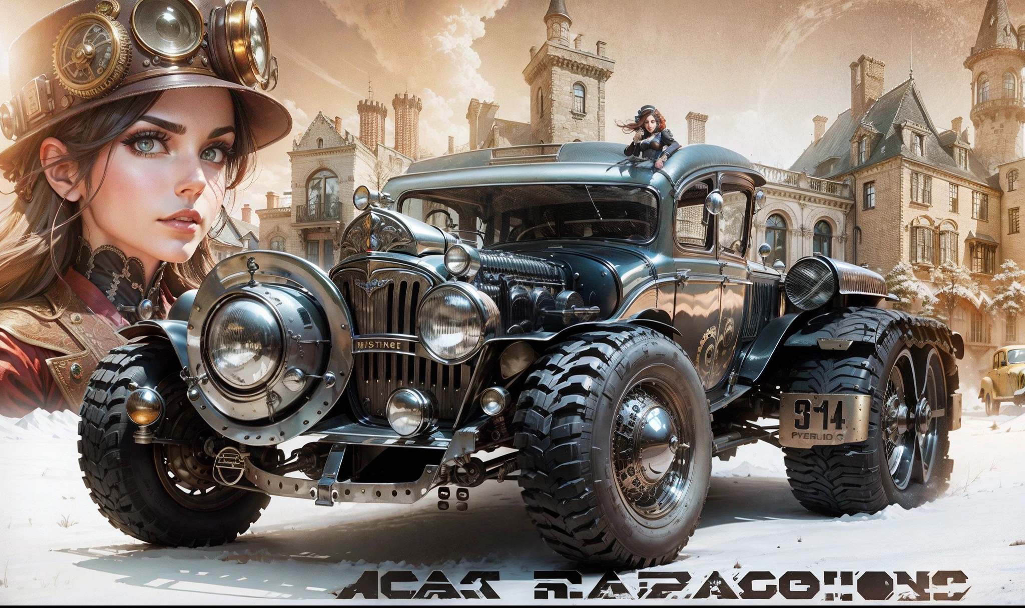 Retropunk car in the foreground and a scene with a beautiful steampunk girl in front of a steampunk mansion in the background