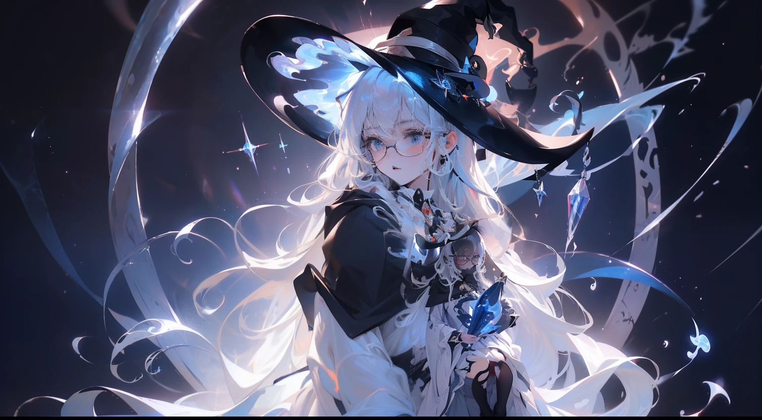 ((Best quality)), ((Masterpiece)), ((Ultra-detailed)), (illustration), (Detailed light), (An extremely delicate and beautiful),Dramatic perspective,A charming young girl,sorceress woman,Cute face,magestic,(Sexy figure),Black magic robe,Short black shawl,Big black witch hat,white dresses,Glasses,((Wave your big wand to cast spells)),((Rainbow magic)),rainbowing,(Colorful)