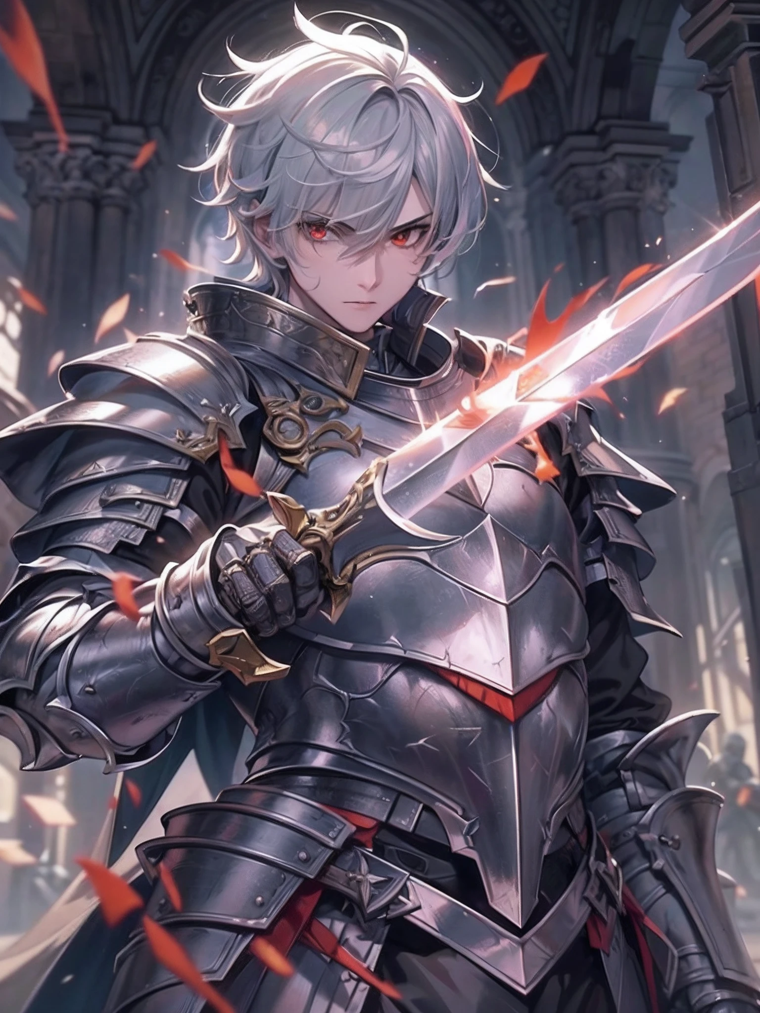 (a teenager male knight in cracked sliver armor), handsome, ((he raise a sword stained with dark element)), a giant gate of castle behind him, light from the sky, lots of swords point at the knight, red eyes, silver hair, black hair, gradient hair, chiaroscuro, cinematic lighting, god rays, ray tracing, reflection light, ((close-up)), masterpiece, best quality, high quality, high details, highest, accurate, anatomically correct, textured skin, UHD, 1080P, ((anime))