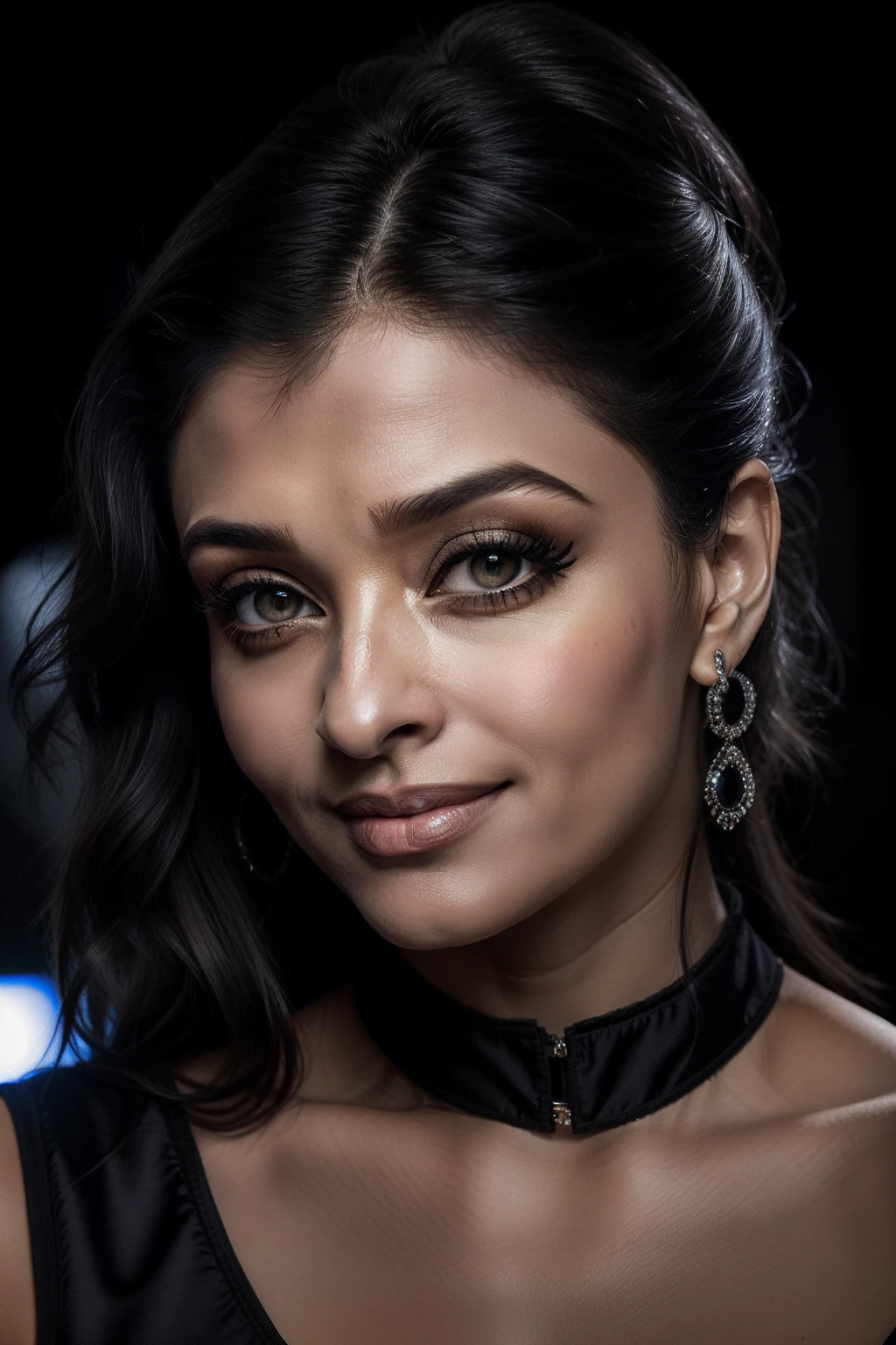 night scene, close up photo of a sexy aishwarya rai, posing, look at a camera and smile, black ponytail hair, (blue eyes:0.8), hot mature face, 38 yo, soft volumetric lights, (backlit:1.3), (cinematic:1.3), intricate details, (ArtStation:1.2)