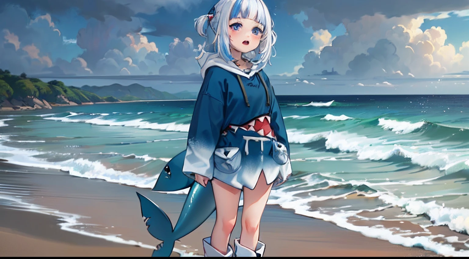 Gawr Gura, rainy beach, standing up, dark blue baggy hoodie, wide mouth on hoodie white sharp teeth on mouth red inside of mouth on hoodie, white hair, blue ends, blue ocean eyes, blush across nose, full body, standing with legs crossed, white small boots, blue socks, looking up at viewer, shark tail connected to butt **blue ends on white hair*