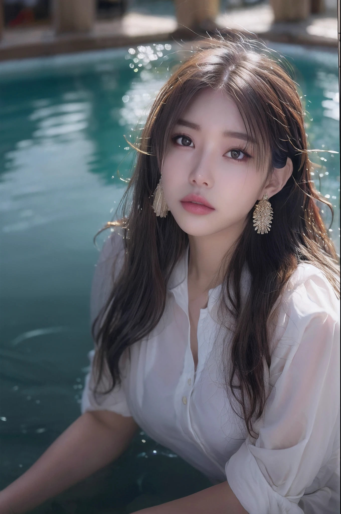 Nikon RAW photo,8 k,Fujifilm XT3,masterpiece, best quality, realistic, photorealistic,ultra detailed,Kpop idol, sit at the bottom of a pool, full body in water, solo, close up portrait, detailed facial features, lipgloss, eyelashes, small breasts, serene expression, white dress shirt, from_front, big circle earrings, jewelry, (best quality:1.4), (ultra highres:1.2), cinema light, extreme detailed illustration, depth of field, caustics, Broad lighting, natural shading, 85mm, f/1.4, ISO 200, 1/160s:0.75
