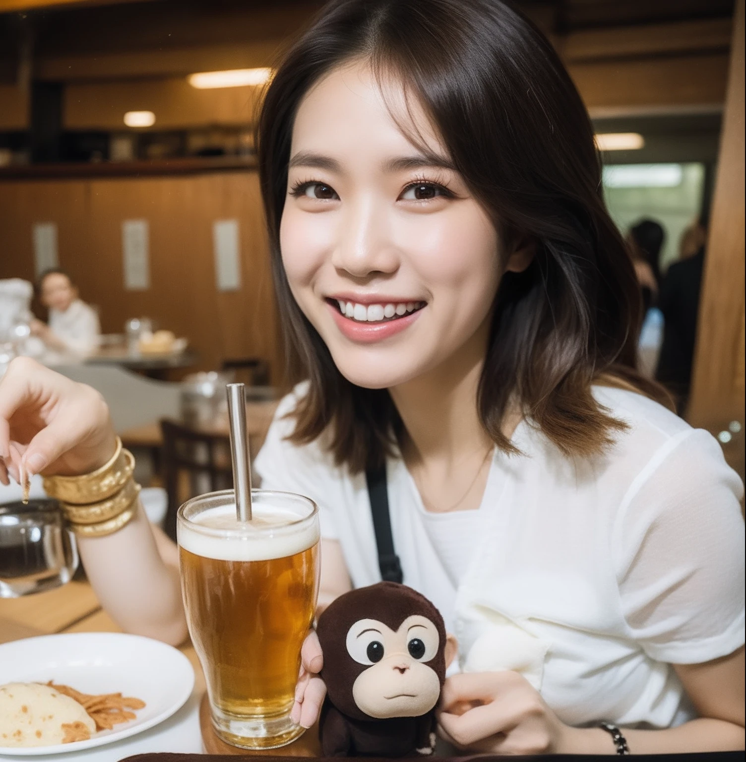 Smiling woman holding monkey toy and a glass of beer, Jackie Tsai style, delight, nanae kawahara, Gemma Chen, katherine lam, drinking a drink, mai anh tran, 3 2 - year - old, jen zee, 30 year-old woman, 3 0 years old woman, 38 years old, 3 6 years old, Zhang Wanting