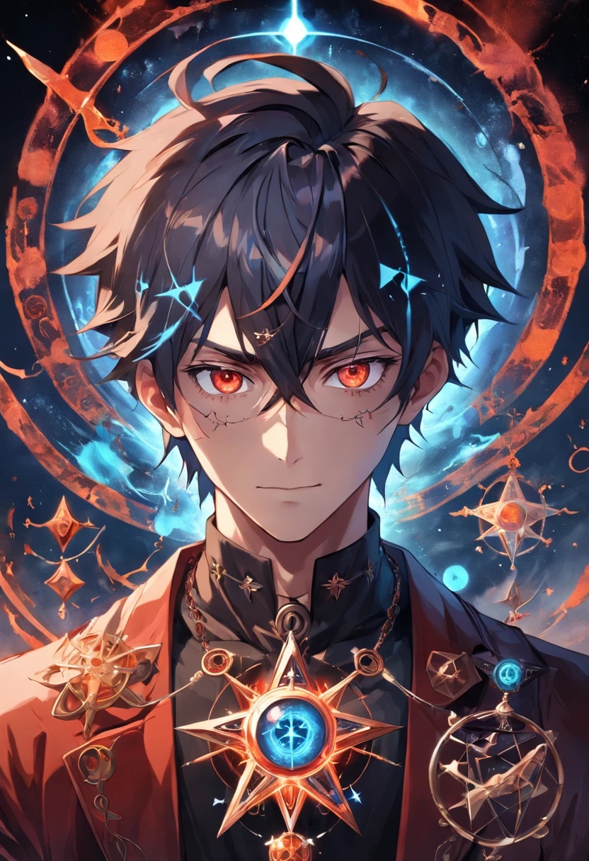 male, short_hair, Surreal Alchemist: Male character portrait of a master alchemist, with face surrounded by alchemical symbols, distortion and surreal imagery captures the character's fascination with the esoteric and unknown, dynamic angle, award winning, masterpiece, intricate, hyper maximalism, fractal art, GlowingRunes_red, cross_necklace, cross_earring, muscular body, 3-colored_hair, multicolored hair, symbol-shaped star pupils, evil smile, full_body