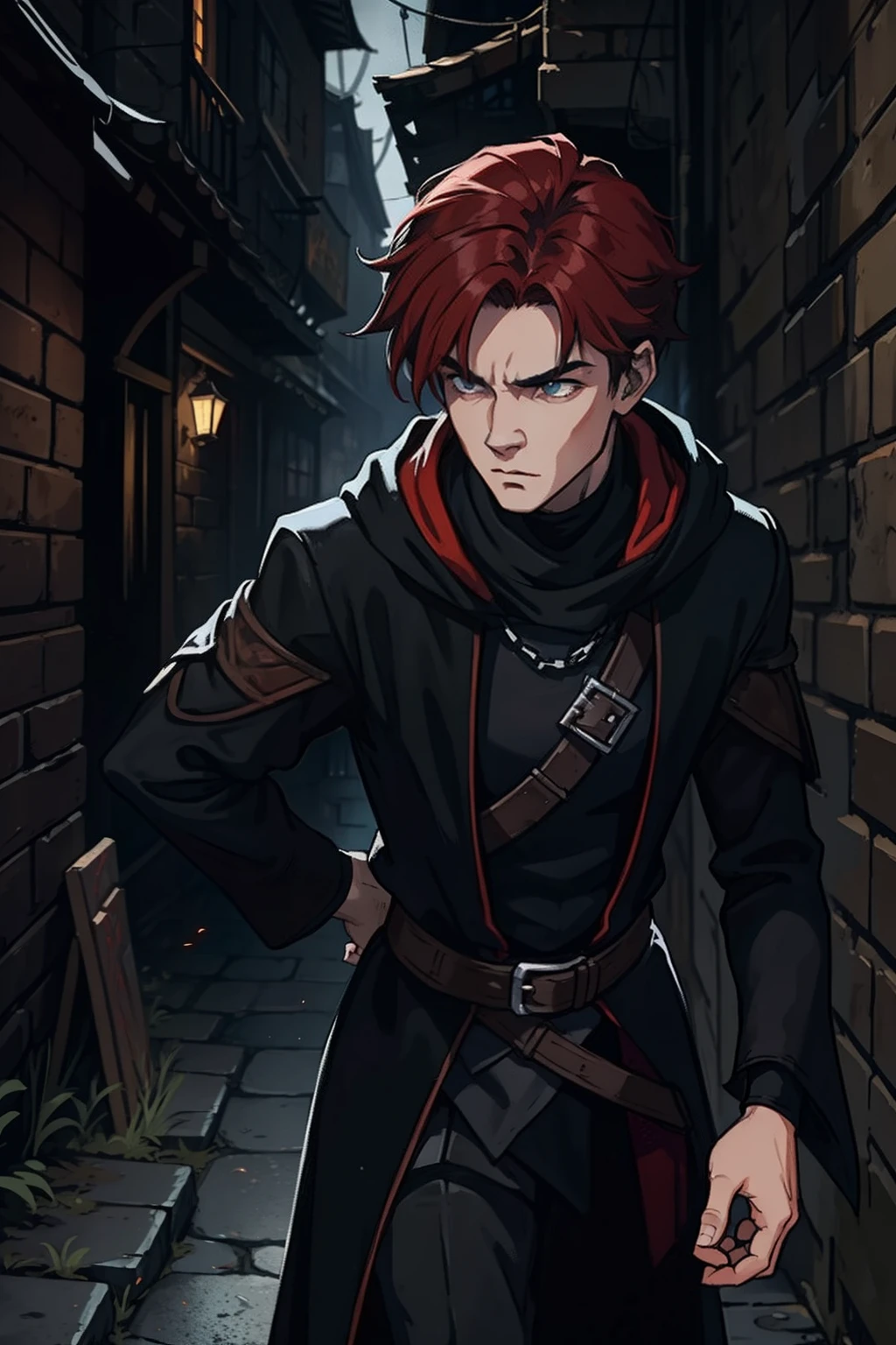 closeup of a young man with red hair emo he is a rogue and is in a black robe dark rogue clothes dark medieval costume dark in the dirty alleys of an alley of a medieval city an alley any of the dark periphery with dark and gray colors he has a wise and snobbish look make a very magical and surprising image background use shadows contour light and black smoke to compose the photo he's in a dramatic pose for a medieval rpg art rpg art rpg character illustration art