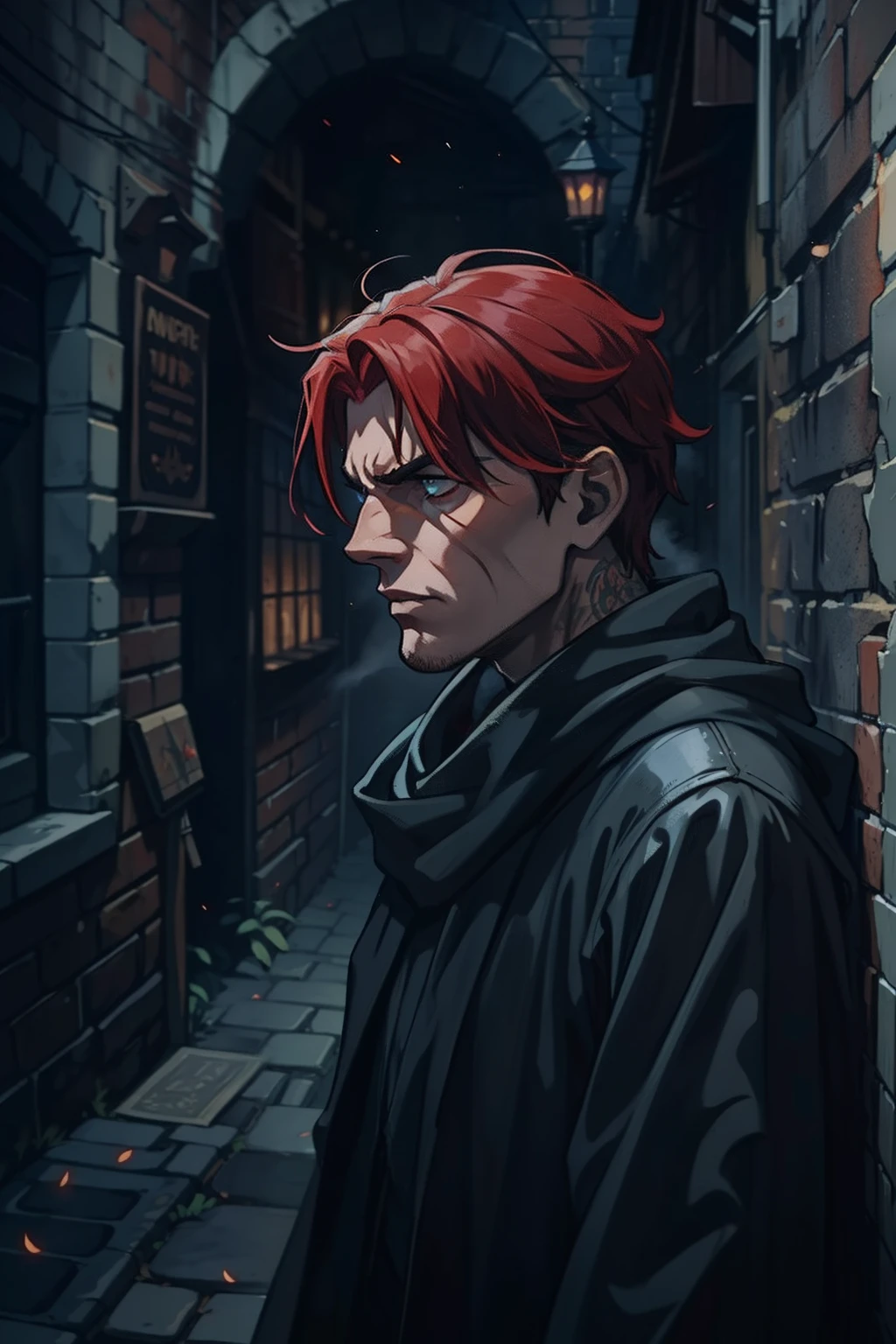 closeup of a young man with red hair emo he is a rogue and is in a black robe dark rogue clothes dark medieval costume dark in the dirty alleys of an alley of a medieval city an alley any of the dark periphery with dark and gray colors he has a wise and snobbish look make a very magical and surprising image background use shadows contour light and black smoke to compose the photo he's in a dramatic pose for a medieval rpg art rpg art rpg character illustration art