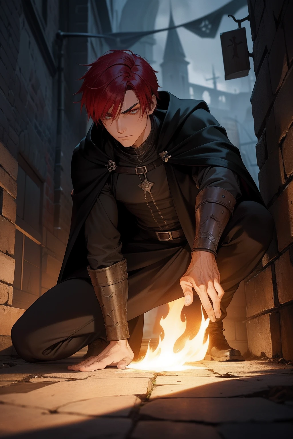 closeup of a young man with red hair emo he is a rogue and is in a black robe dark rogue clothes dark medieval costume dark in the dirty alleys of an alley of a medieval city an alley any of the dark periphery with dark and gray colors he has a wise and snobbish look make a very magical and surprising image background use shadows contour light and black smoke to compose the photo he's in a dramatic pose for a medieval rpg art rpg art rpg character illustration art