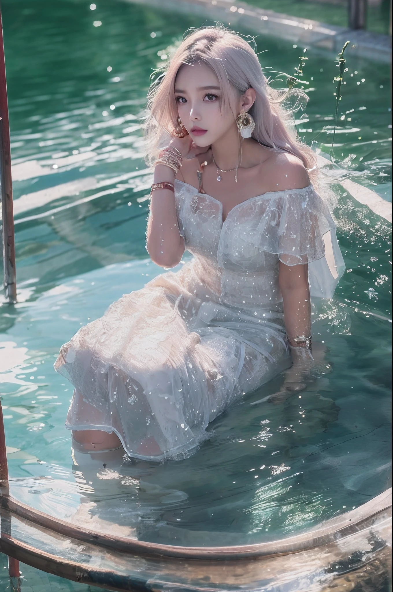 Nikon RAW photo,8 k,Fujifilm XT3,masterpiece, best quality, realistic, photorealistic,ultra detailed,Kpop idol, sit at the bottom of a pool, full body in water, solo, close up portrait, detailed facial features, lipgloss, eyelashes, small breasts, serene expression, white dress shirt, from_front, big circle earrings, jewelry, (best quality:1.4), (ultra highres:1.2), cinema light, extreme detailed illustration, depth of field, caustics, Broad lighting, natural shading, 85mm, f/1.4, ISO 200, 1/160s:0.75