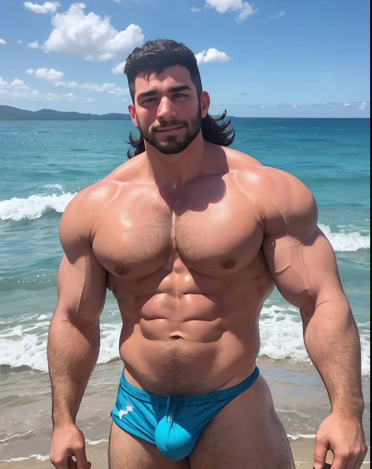 Arafed man in a colorful swimsuit standing in the ocean, meio tiro de um hunky, peito peludo e corpo peludo, peito peludo, peito grande, corpos peludos molhados, musculoso, peito peludo nu, homem atraente musculoso, super buff e cool, peito fofo, macho sexy, muito lindo. large muscles, peito nu, strong masculine characteristics, usando sunga escura, sunga volumosa, nsfw