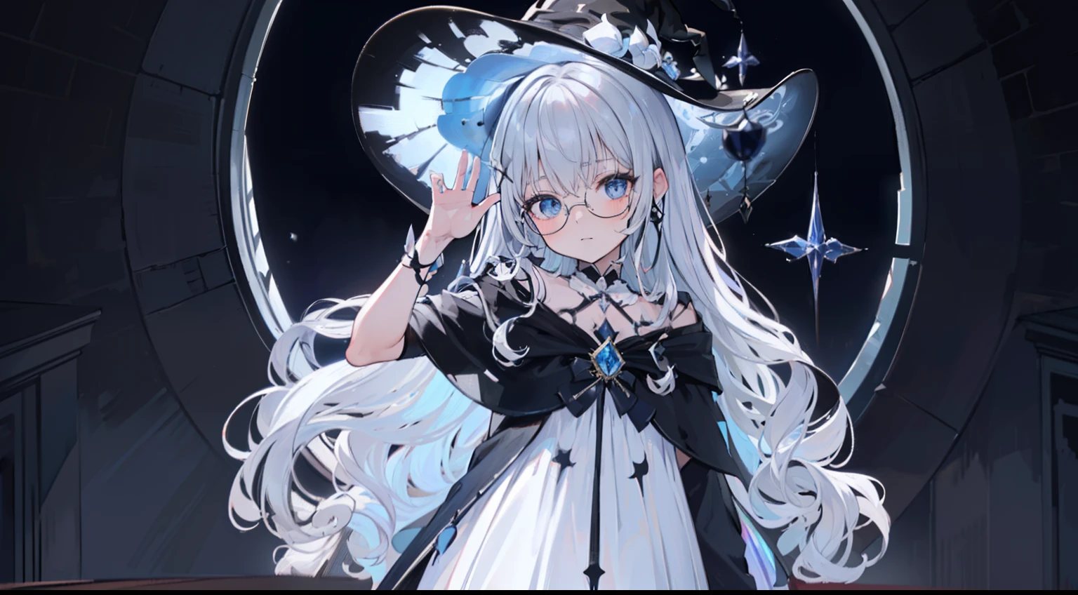 ((Best quality)), ((Masterpiece)), ((Ultra-detailed)), (illustration), (Detailed light), (An extremely delicate and beautiful),Dramatic perspective,A charming young girl,sorceress woman,Cute face,magestic,(Sexy figure),Black magic robe,Short black shawl,Big black witch hat,white dresses,Glasses,((Wave your big wand to cast spells)),((Rainbow magic)),rainbowing,(Colorful)