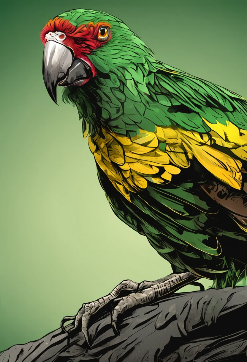 Create a logo with the head of a bird in green colors, amarelo e vermelho (olhando para a frente) , imagem estilo logomarca , Sober, (fundo preto), Image with resolution of at least 300dpi, UHD 8k, Very high quality for excellent printing. Lighting that highlights the figure in relation to the background, cores do reggae,