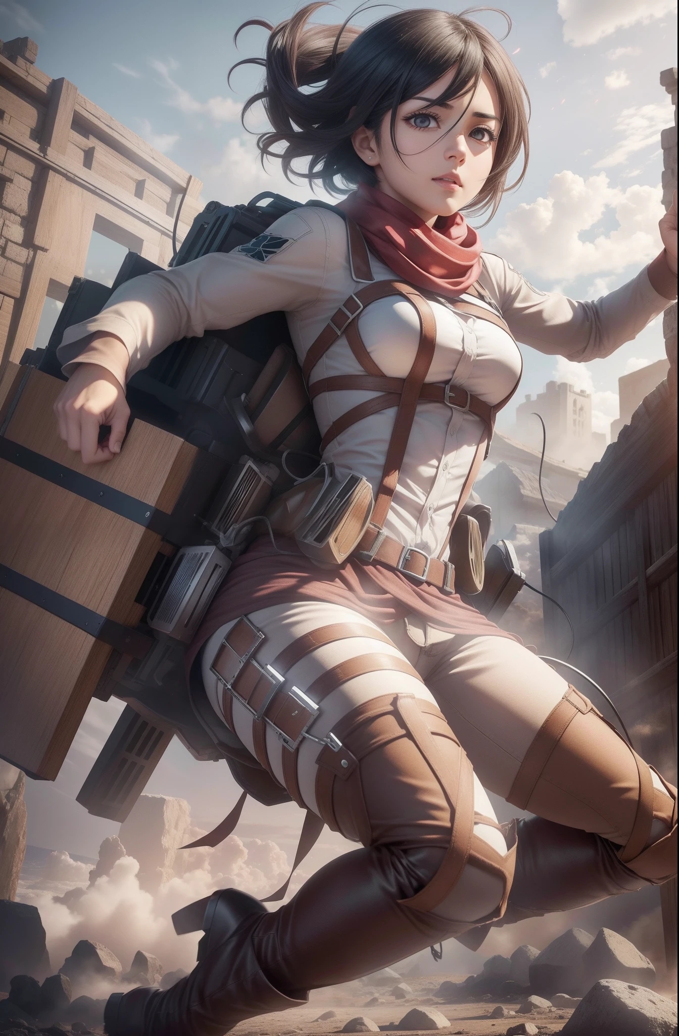 Mikasa's Attack on Titan, dynamic pose, Medium air with ODM equipment in action, Imagem de Mikasa Ackeman de ((corpo inteiro)) Red Scarf on neck, , Reconnaissance Division Neck Uniform, seios grandes, trousersless, peitos grandes, corpo definido, guerreira, deitada na cama, sensual, zoom em seus olhos, Mikasa is in her bed at night, (1girl em)、(realisitic)、( fotorrealista:1.5)、Batomornsardas、cabelos pretos, 8k UHD、(filmgrain) extremamente delicado e bonito、8k, alta qualidade、alta resolução, ju、ighly detalhado、belos olhos detalhados、 olhos e rosto extremamente detalhados、obra prima、(lighting like a movie)、(pele de alto detalhe:1.2)、8k UHD、Digital SLR、a strong lighting of fire、alta qualidade、filmgrain、obra prima, qualidade superior, alta qualidade, alta resolução, ((muito nitido)), Photo taken with long-range professional camera, alta qualidade, preservar face, sensual