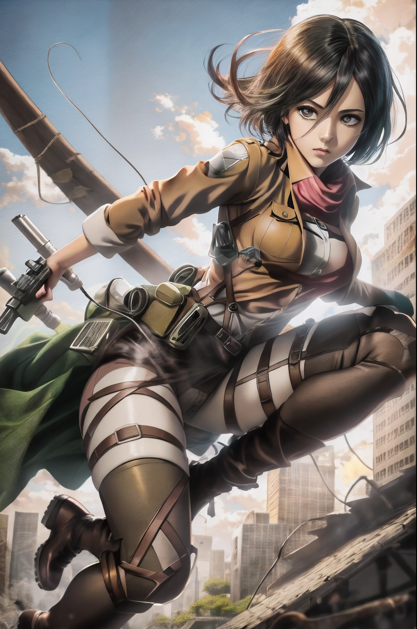 Image of Mikasa Ackeman with a gun and a gun in his hand,trousersless, coxas definidas grossas, sensual, Artgerm extremamente detalhado, from attack on titan, Em Attack on Titan, Artgerm em ArtStation Pixiv, attack on titan covert art, Artgerm. anime illustration, Estilo anime Attack on Titan, Estilo Artgerm, em estilo de artgerm. (1girl em)、(realisitic)、( fotorrealista:1.5)、Batomornsardas、cabelos pretos, 8k UHD、(filmgrain) extremamente delicado e bonito、8k, alta qualidade、alta resolução, ju、ighly detalhado、belos olhos detalhados、 olhos e rosto extremamente detalhados、obra prima、(lighting like a movie)、(pele de alto detalhe:1.2)、8k UHD、Digital SLR、a strong illumination of fire、alta qualidade、filmgrain、obra prima, qualidade superior, alta qualidade, alta resolução, ((muito nitido)), Photo taken with long-range professional camera, alta qualidade, preservar face, sensual