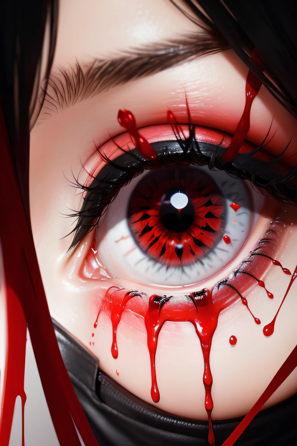 Make an eye (can't show the face), the color of the eye is red and it's crying blood