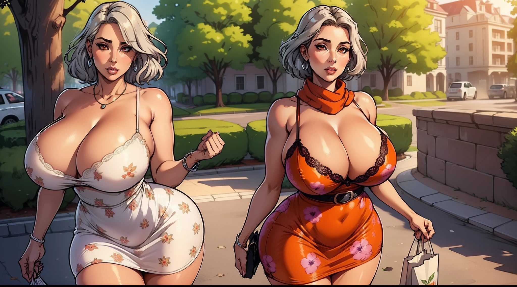 milf, 1girl, large breasts, giganticc breasts, huge breasts, mature female, heavy breasts, short hair, silver hair, light skinned female, printed dress, top cropped, thick dress, violet scarf, orange eyes, large ass, Curvilinear waist, breasts resting on the arms, arms under breasts, looking at the viewer, bra edges on dress, sensual cleavage, on the town park, holding a shopping bag, full breasts, breasts larger than head, mature face, curvy female, thick thighs, voluptuous female, full-body shot, red dress, elegant dress, lace-trimmed pantyhose, belt on dress, flower printed on dress, delicate gloves, bra strap appearing
