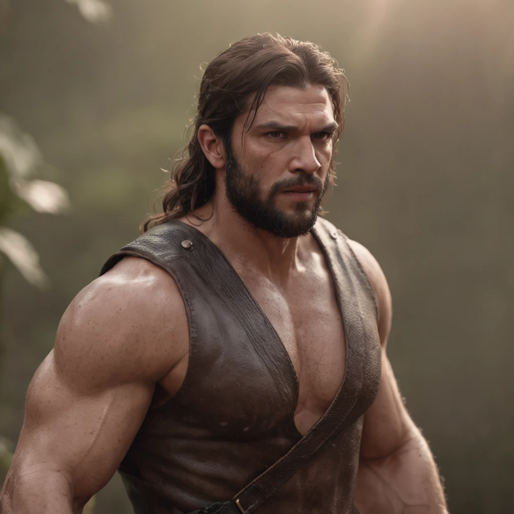 (Professional 3D rendering:1.3) de (Realistic:1.3) Foto de arte mais bonita do mundo，Features soft, bright male heroes, ((Epic hero fantasy rough muscular man wet hero angry look long hair short beard and fierce expression in dynamic pose, fantastic location, majestoso ambiente desordenado)), corpo inteiro 8k unidade render, action shot, poros da pele, very dark lighting, sombreamento pesado, circunstanciado, Rosto detalhado, (vibrante, fotogrdeia realista, Realistic, Dramatic, Escuro, foco nítido, 8k), (Old leather clothes damaged by bad weather:1.4), ((((Use peles)))), (intrincado:1.4), decadente, (altamente detalhado:1.4), pintura digital, rendering by octane, art stations, Conceito-Arte, liso, foco nítido, illustration, germe da arte, (Loish:0.23), Wlop Ilya Kuvshinov, e Greg Rutkowski e Alphonse Mucha Gracias, (global ilumination, studiolight, Light Volumetric), chuva forte, floating particles, patife, fantasia, Onze, corpo inteiroesbian, ((Fundo escuro e antigo da cidade:1.3)),CGSesociedade,art stations