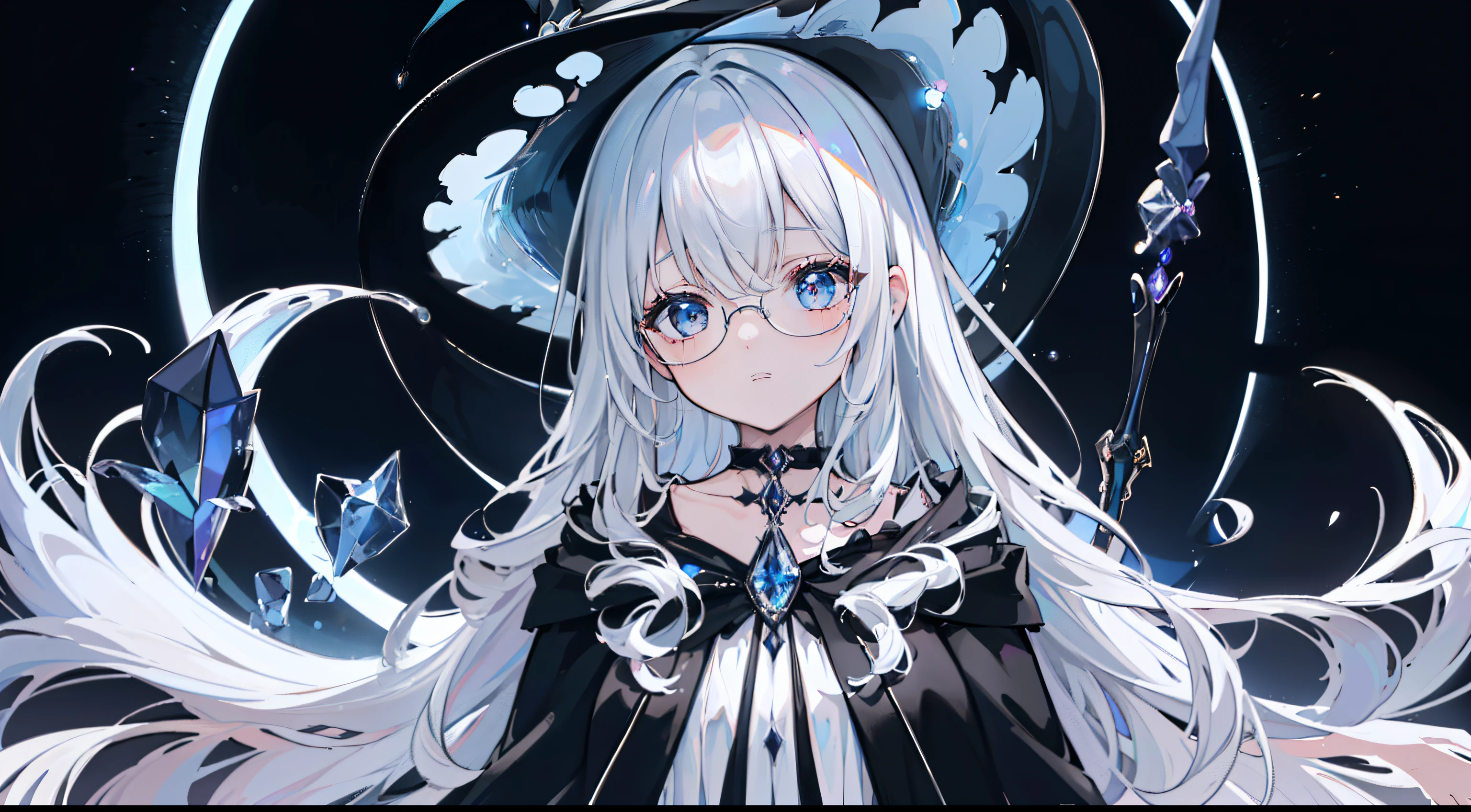 ((Best quality)), ((Masterpiece)), ((Ultra-detailed)), (illustration), (Detailed light), (An extremely delicate and beautiful),Dramatic perspective,A charming young girl,sorceress woman,Cute face,magestic,(Sexy figure),Black magic robe,Short black shawl,Big black witch hat,white dresses,Glasses,((Wave your big wand to cast spells)),((Rainbow magic)),rainbowing,(Colorful)