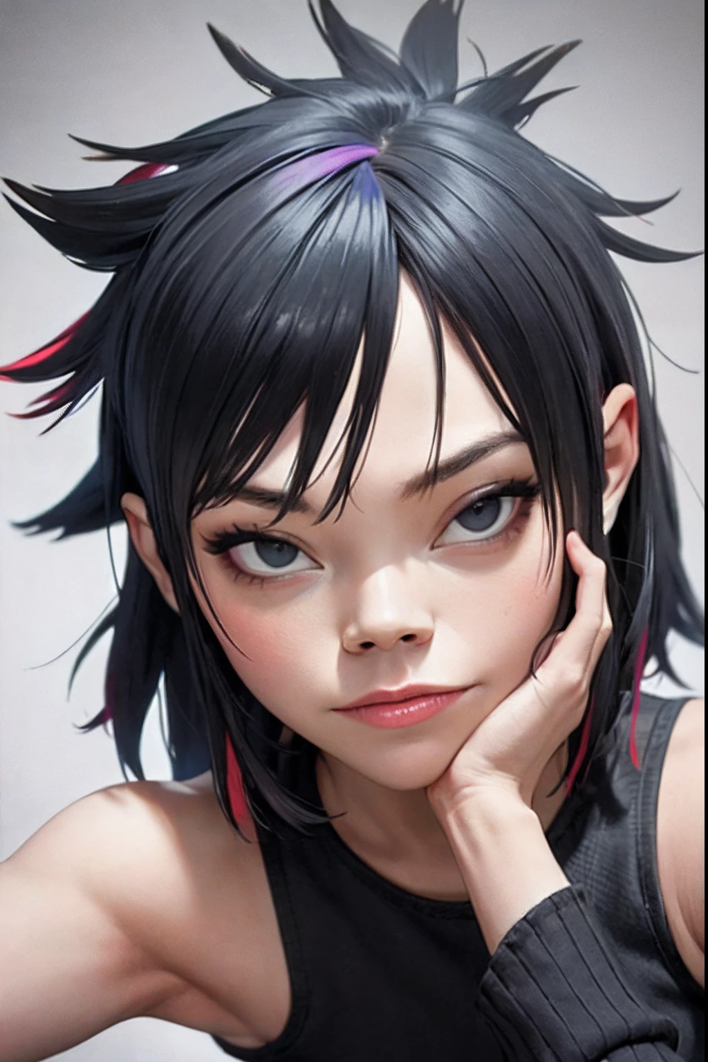 (masterpiece, best quality:1.2),  noodle (gorillaz), black hair, 1girl, streaked hair, black eyes, multicolored hair, bangs,  parted lips, breasts, small breasts,  bob cut, woman, (((from below))), busy city, foreshortening, (seductive pose), looking at viewer, blackcutoffs, (eye contact), photorealistic, masterpiece, realistic, high contrast, hyper detailed, best quality, ultra high res, photorealistic, high resolution, detailed, raw photo,