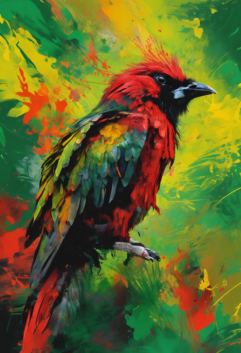 Create an impressionist painting with the head of a bird in green colors, amarelo e vermelho (olhando para a frente) , Sober, (fundo preto), UHD 8k, Very high quality for excellent printing. Lighting that highlights the figure in relation to the background, cores do reggae,