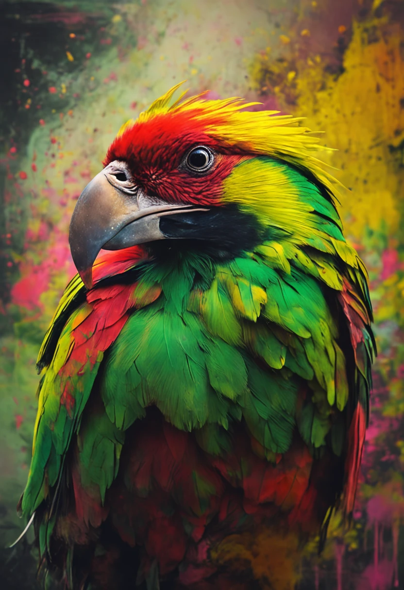 Create an impressionist painting with the head of a bird in green colors, amarelo e vermelho (olhando para a frente) , Sober, (fundo preto), UHD 8k, Very high quality for excellent printing. Lighting that highlights the figure in relation to the background, cores do reggae,