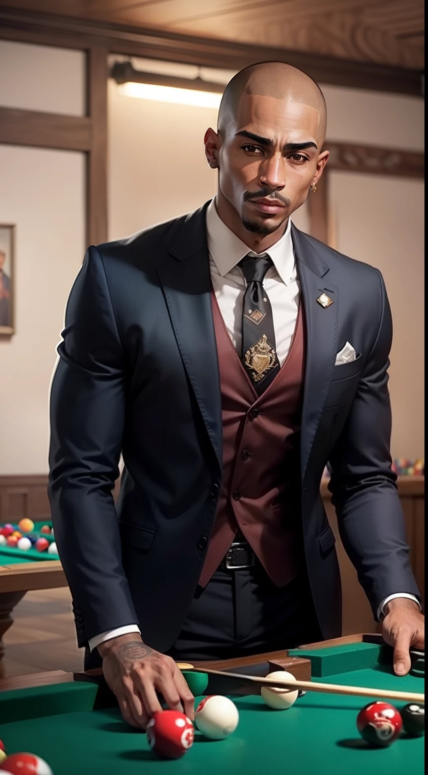 Jovem homem latino-americano, se parece com Tupac Shakur, careca, shaved head, wearing suit made with typical African fabric, capulana, in a billiard hall