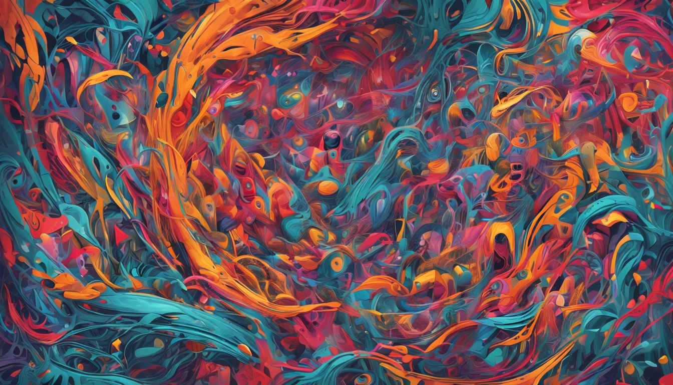 In a surreal world of dreams and nightmares, emerge una figura mitad humano, mitad esqueleto, surrounded by a whirlwind of colors and abstract shapes that create a sense of constant movement