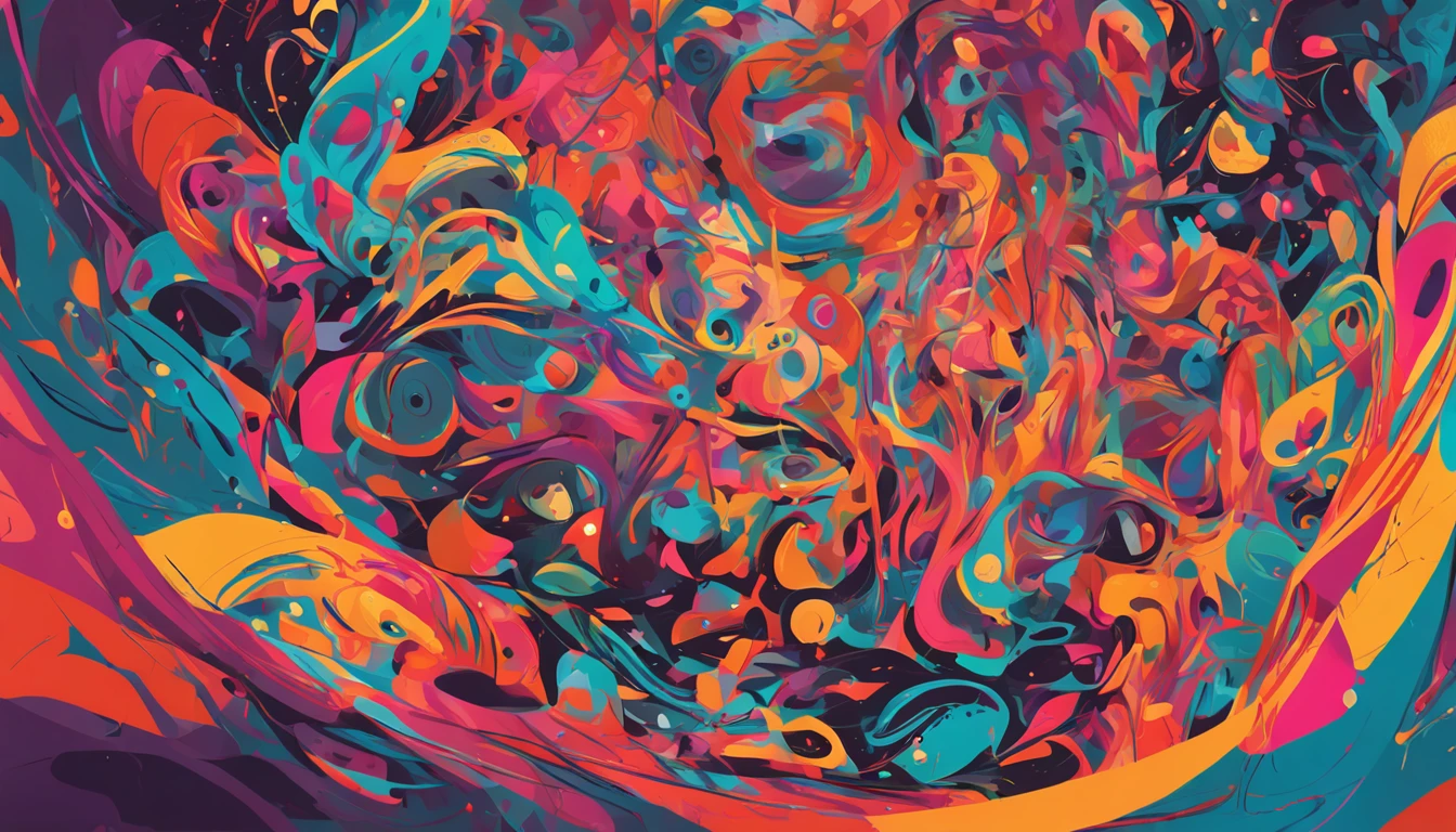 In a surreal world of dreams and nightmares, emerge una figura mitad humano, mitad esqueleto, surrounded by a whirlwind of colors and abstract shapes that create a sense of constant movement